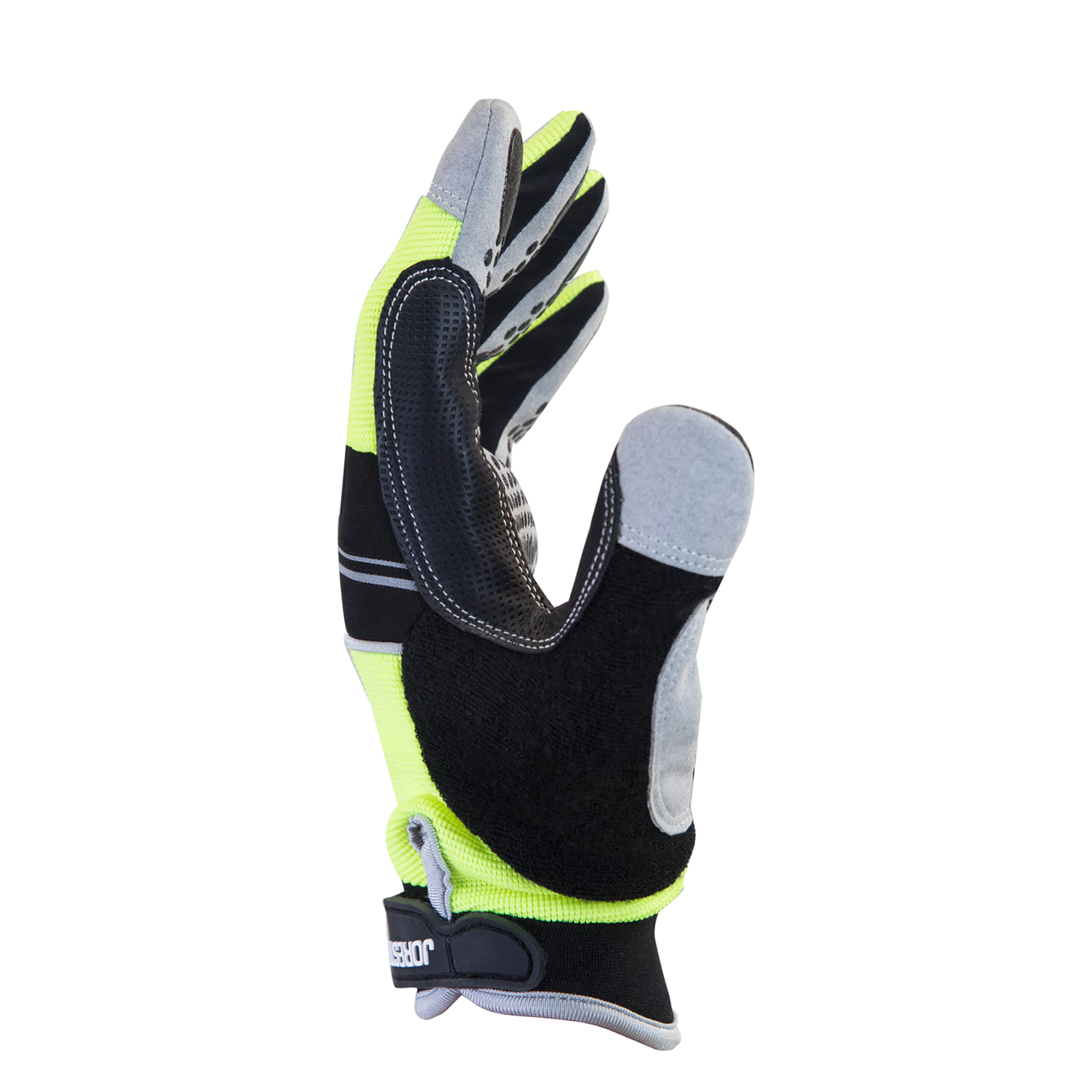 Side view of the lime JORESTECH safety work glove with anti slip silicone black dotted palms