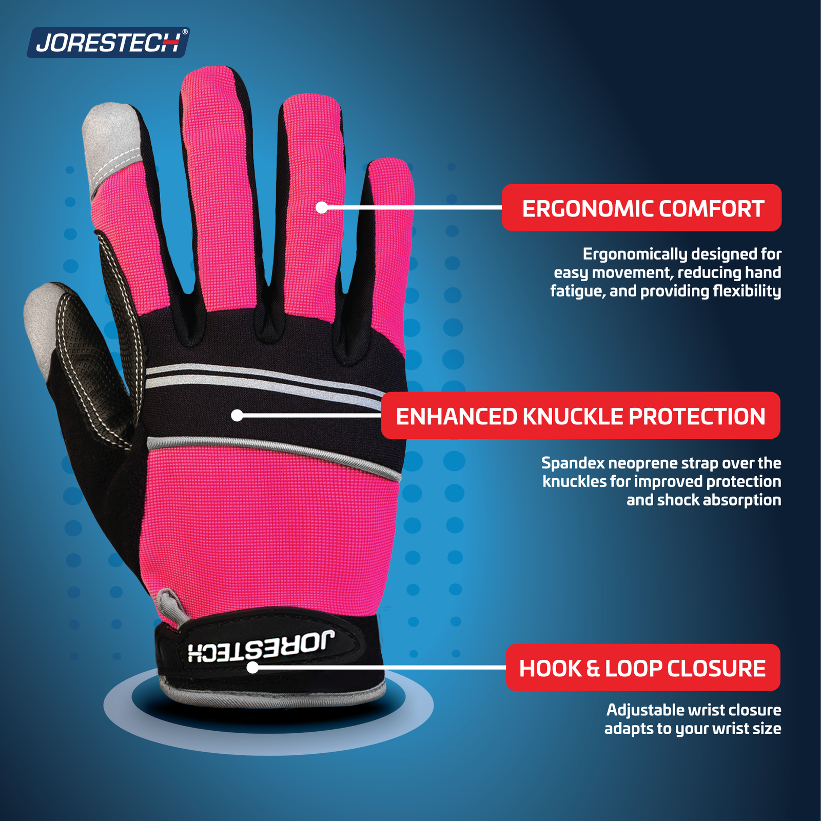 Text reads: Work gloves ergonomically designed to reduce hand fatigue. Enhanced knuckle protection with spandex neoprene strap. Hook and loop closure to adapt to wrist size