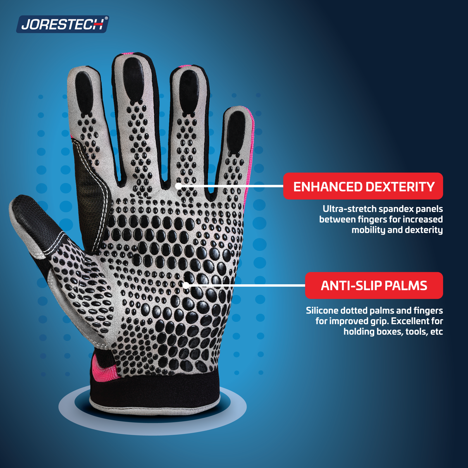 Text reads: Safety work glove spandex panels between fingers for increased mobility and dexterity. Silicone dotted palms and fingers for improved firm grip.