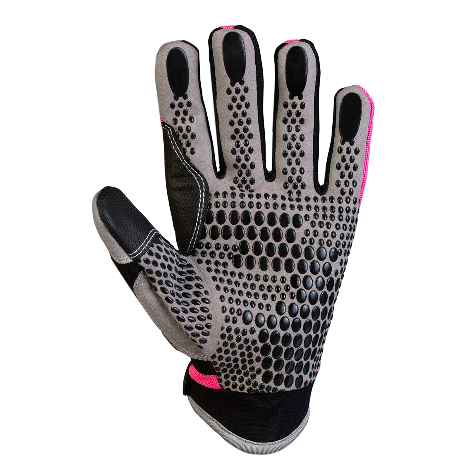 Palm view of  the pink JORESTECH breathable safety work glove with anti slip silicone black dotted palms