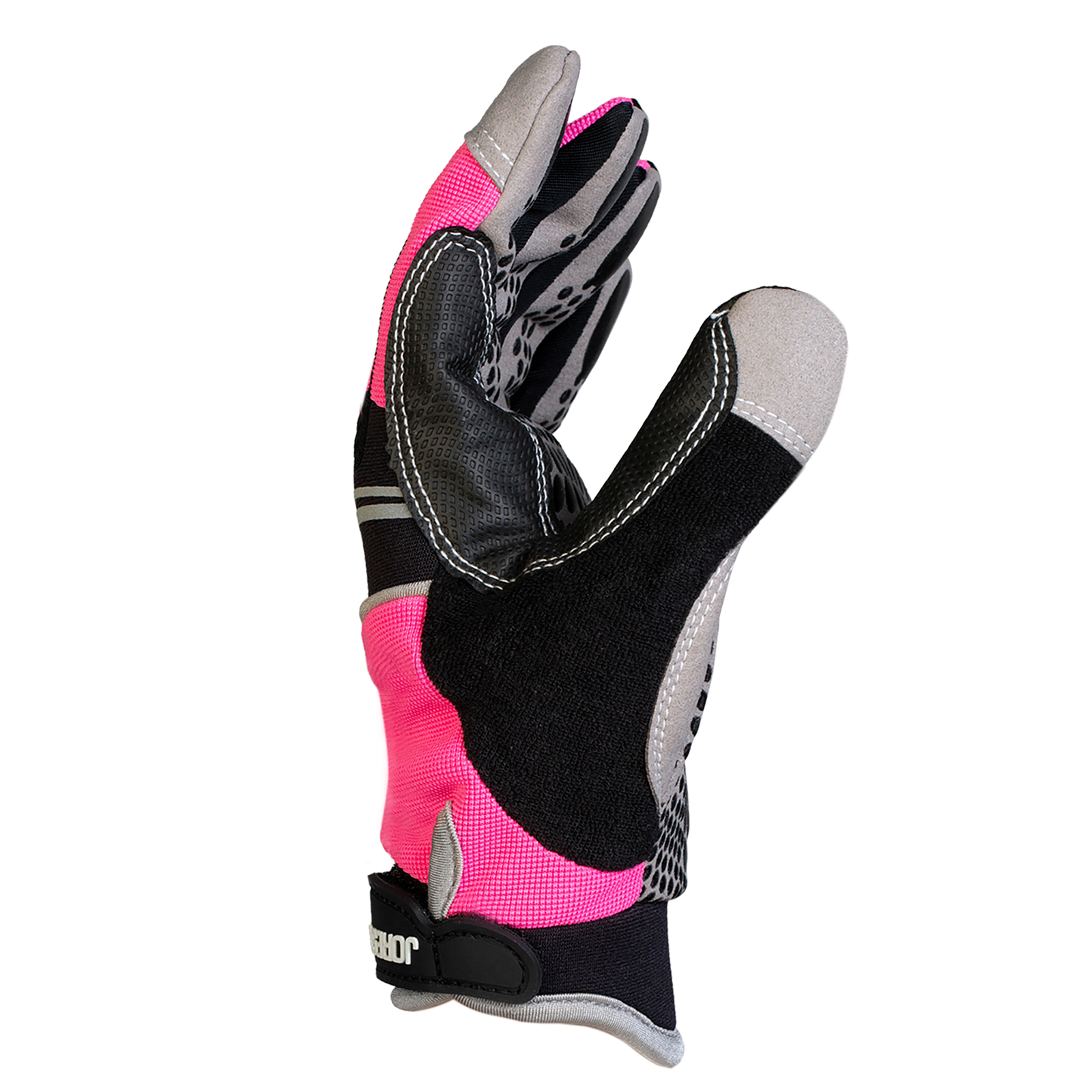 Side view of 1 pink JORESTECH safety work glove with anti slip silicone black dotted palms