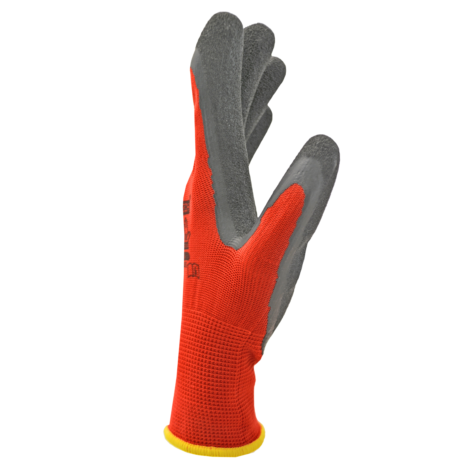 Side view of red and back safety work gloves with latex dipped palms