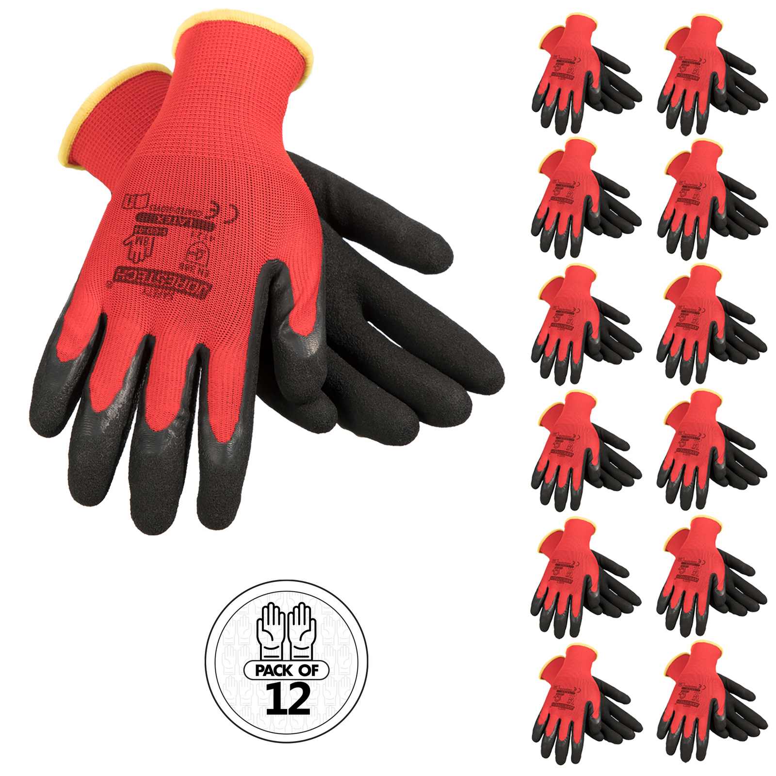 Pack of 12 red and back safety work gloves with latex dipped palms
