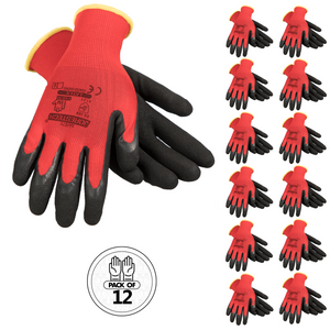 Pack of 12 red and back safety work gloves with latex dipped palms