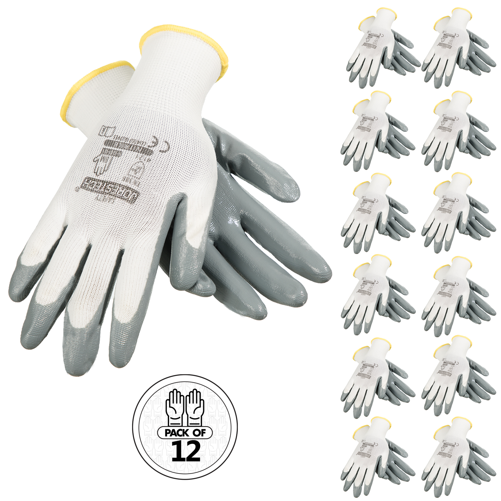 12 pairs of white and gray safety work gloves with nitrile dipped palms