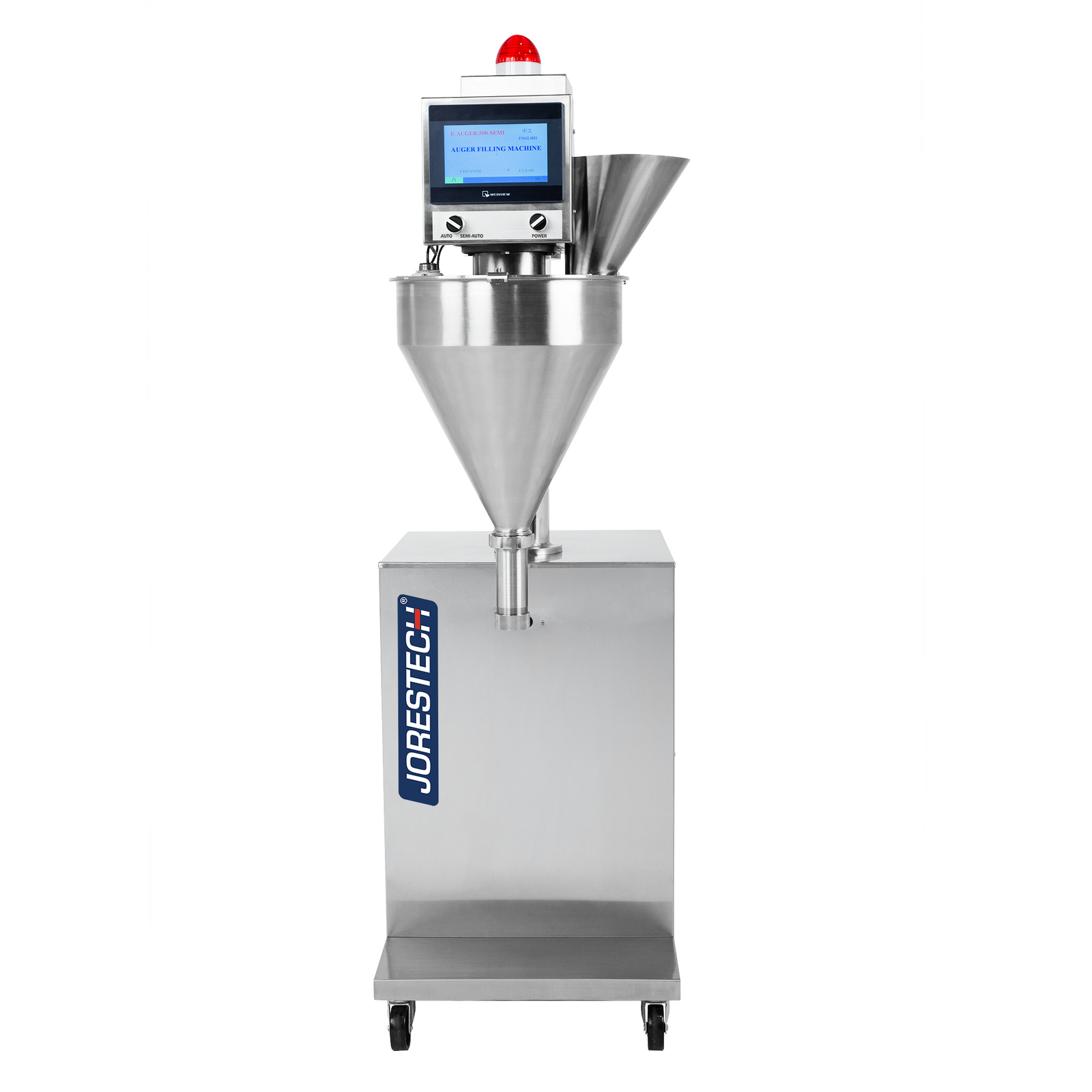Front view of a stainless steel semi-automatic powder dispensing machine. The machine is turned on and placed over a white background.