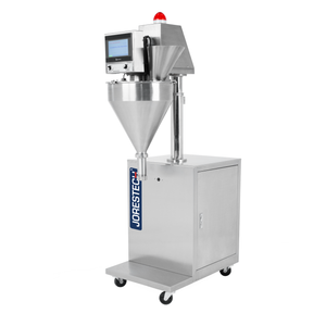 Diagonal view of an Auger-type stainless steel powder dispensing and filling machine over a white background.