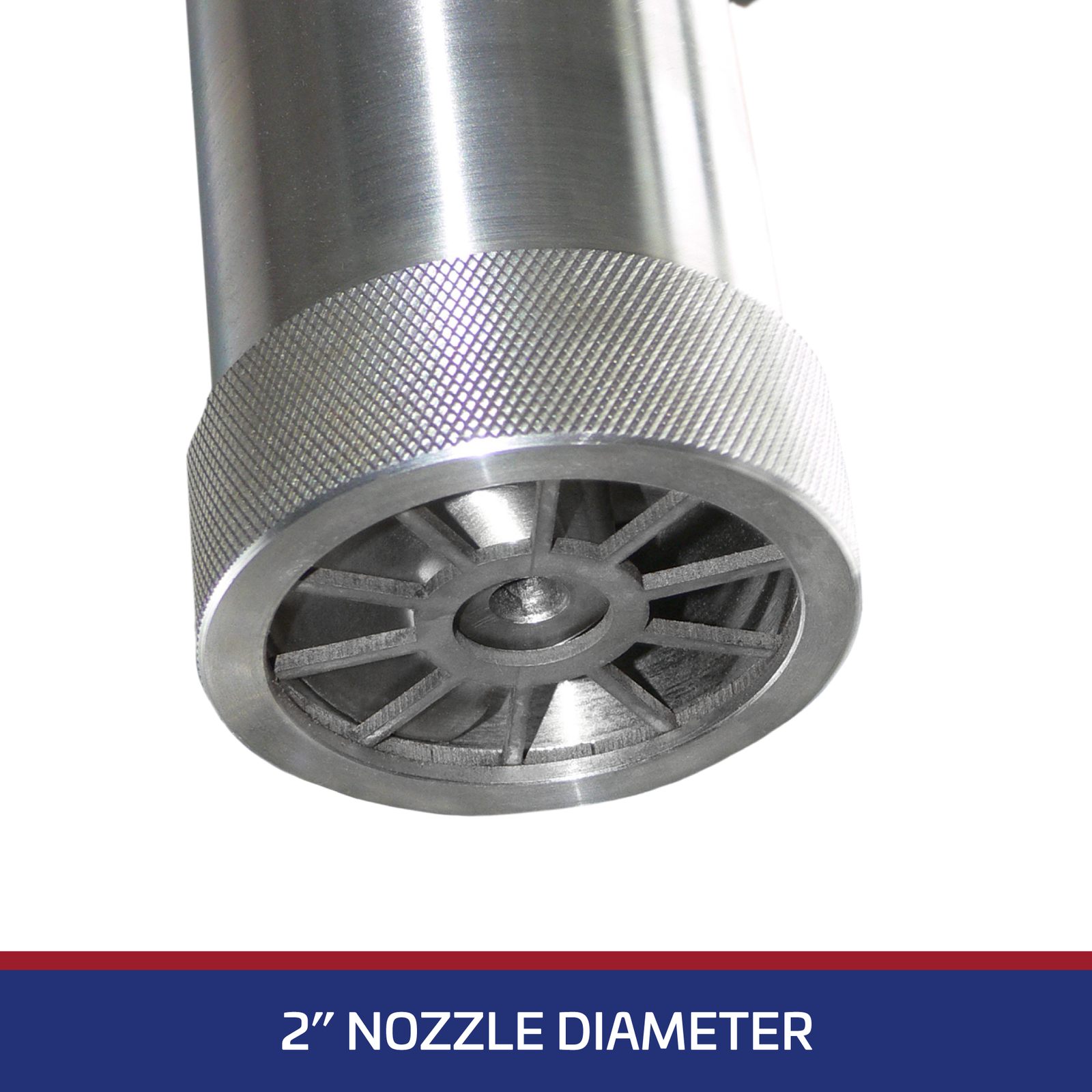 Close-up view showing the detail of the nozzle tip. Text over blue background that reads 2