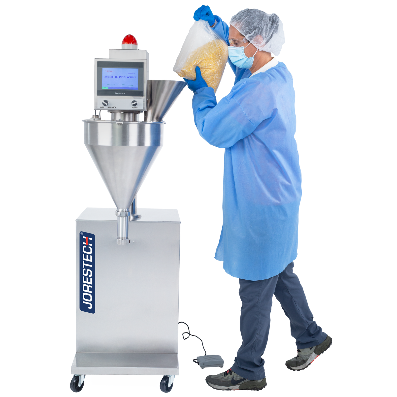 Close-up picture of a person with blue latex gloves and dressed in PPE holding a clear bag filled with cornmeal. The bag is held over the feeding cone of the JORES TECHNOLOGIES® auger powder filler, which will be used to dispense the flour into containers.