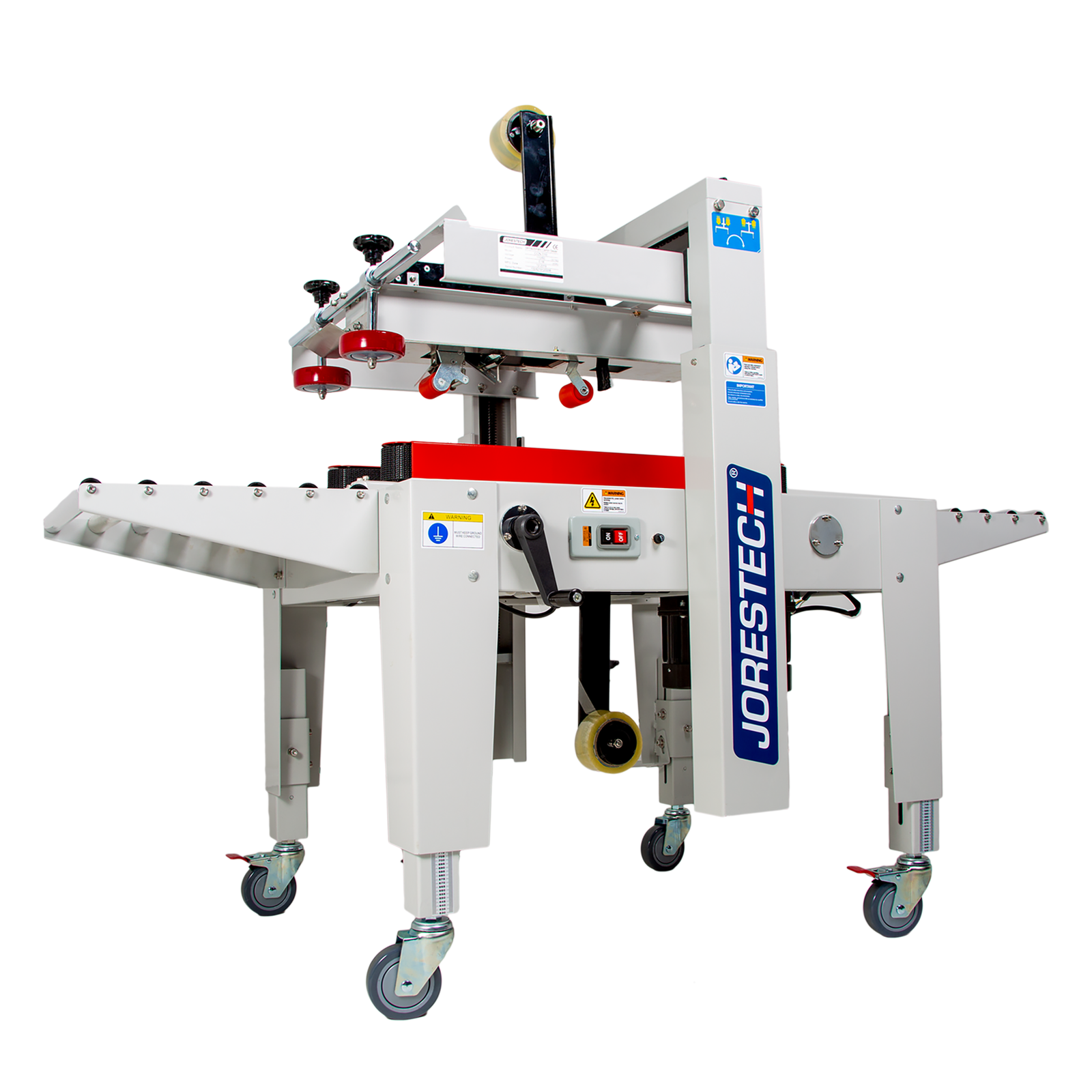 Front view of the semi-automatic case sealer machine for small and medium boxes with red side traction bars and JORESTECH logo
