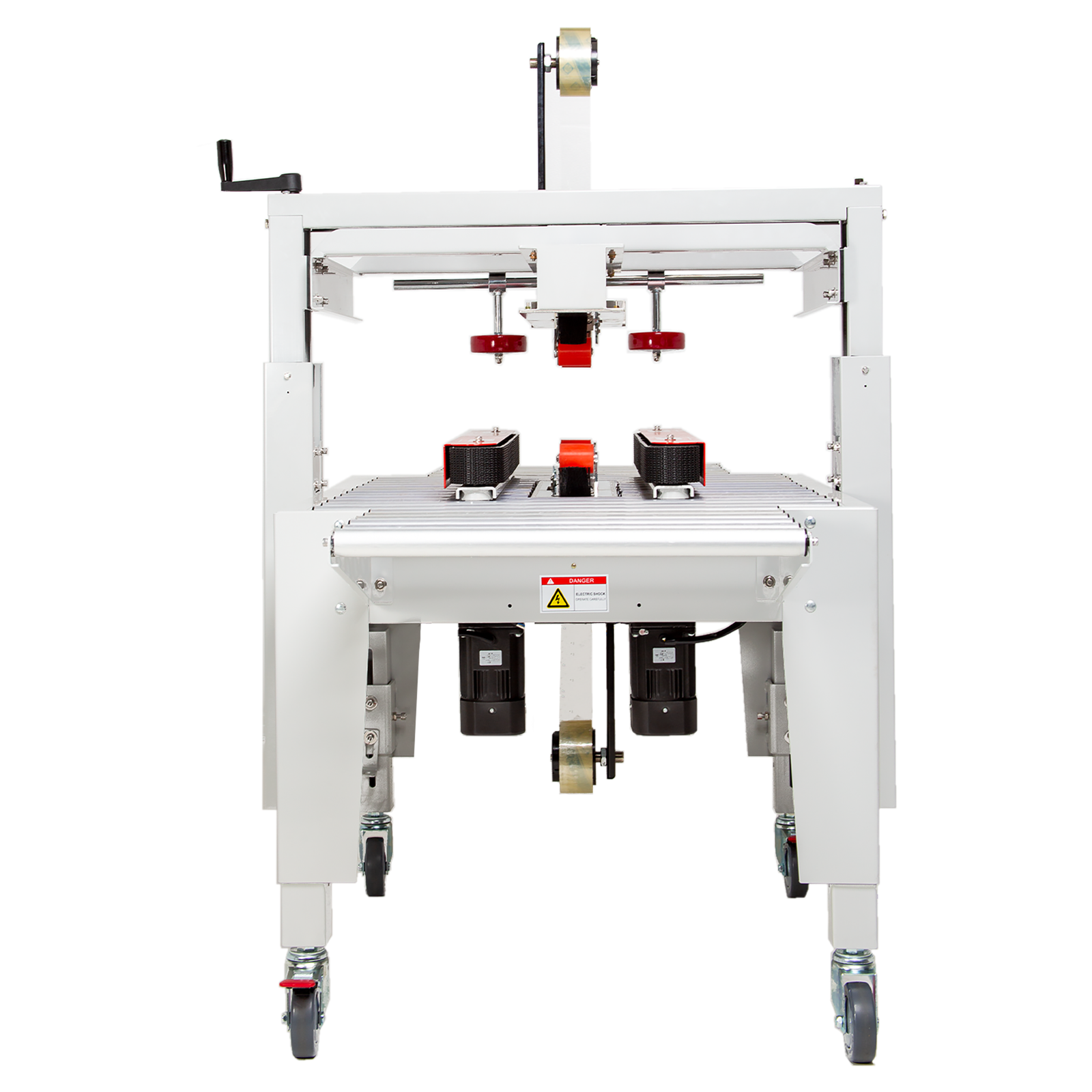side view of the case sealer machine with rolls of clear self adhesive tape on top and bottom, side traction bars and casters