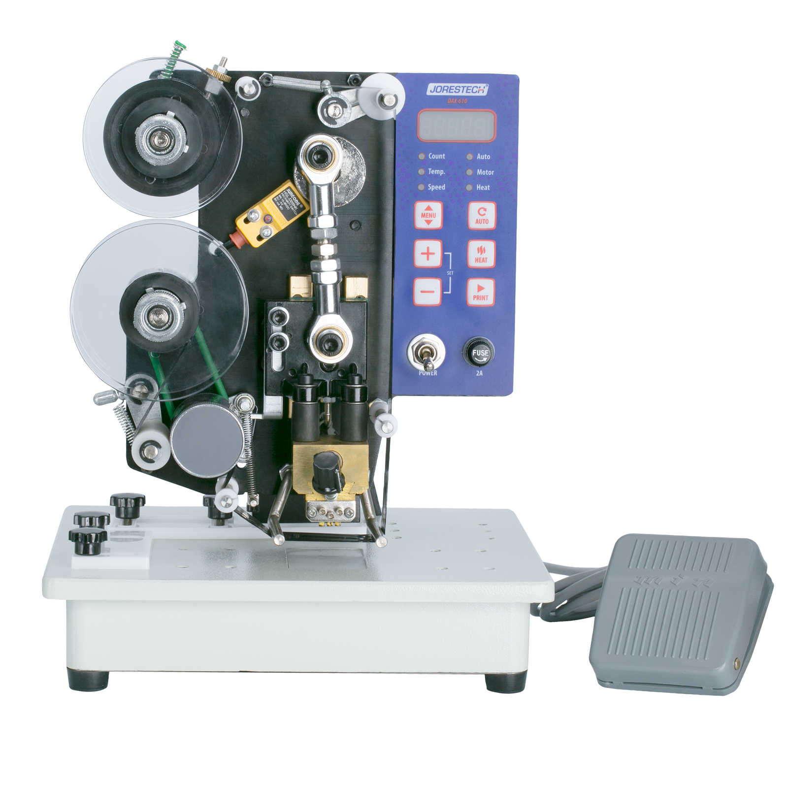 Front side of the semi-automatic digital hot foil stamping printer and its foot pedal. The machine has the the hot ink roll installed. Image show the blue and red control panel