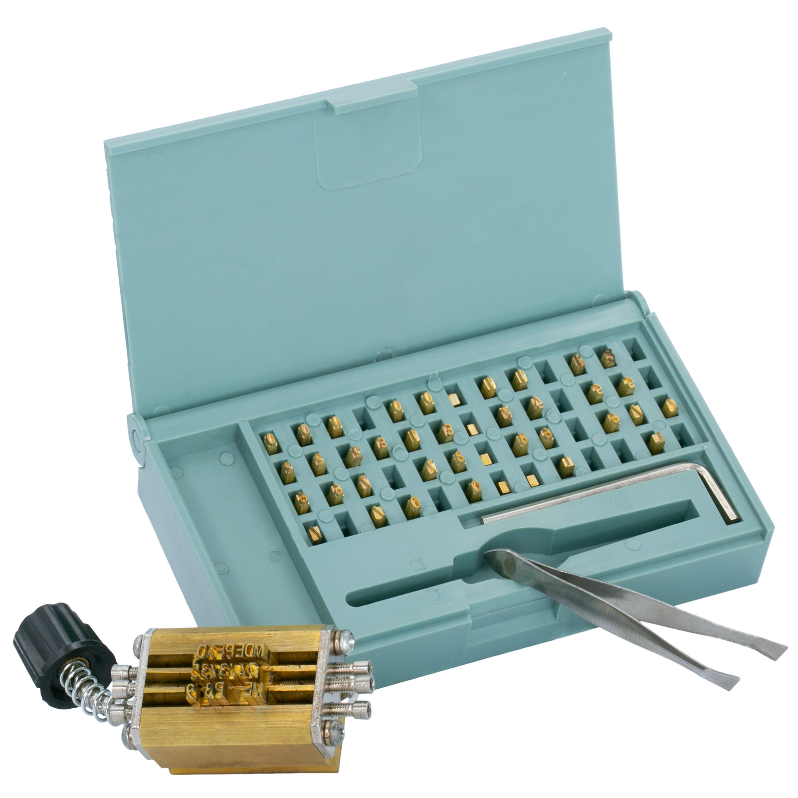 Complete set of types stored in a case, installation tools and a type holder compatible with the semi automatic digital hot foil stamping printer