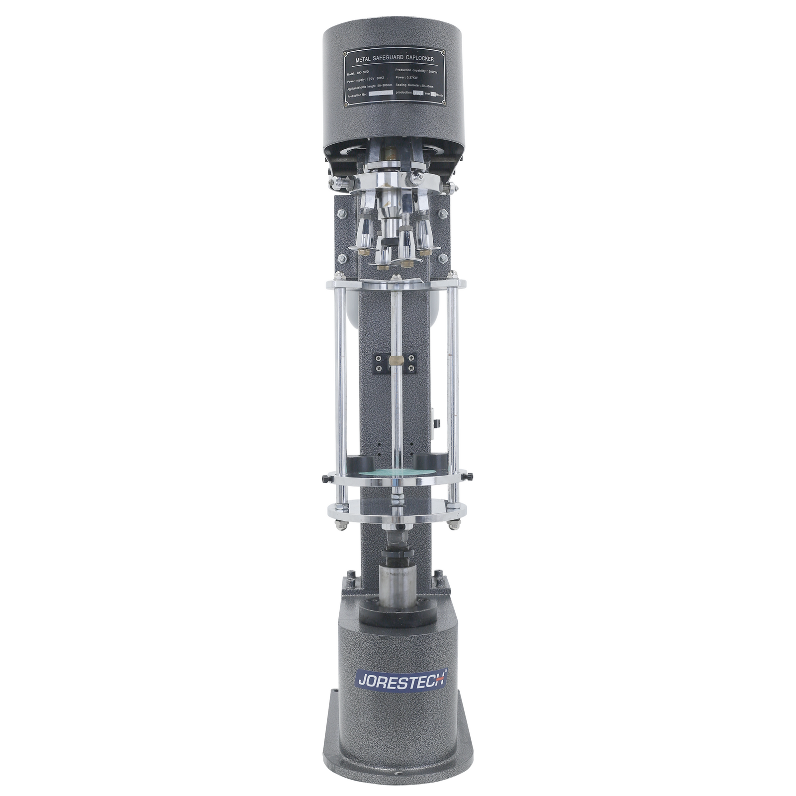 front view of grey Semi-automatic bottle capper for metal caps with blue JORES TECHNOLOGIES® logo