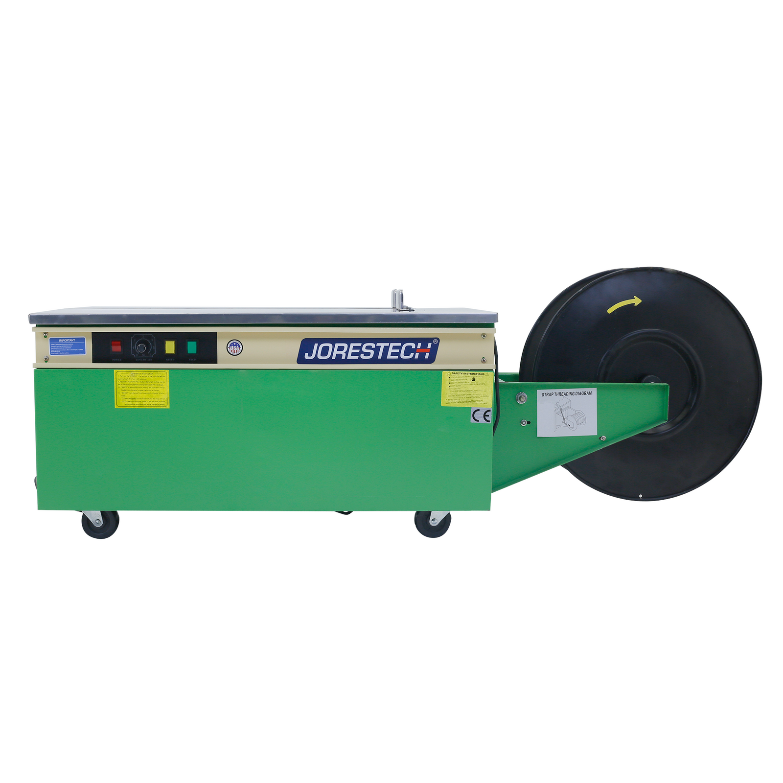 Side view of a JORES TECHNOLOGIES® low profile strapping and banding machine. 