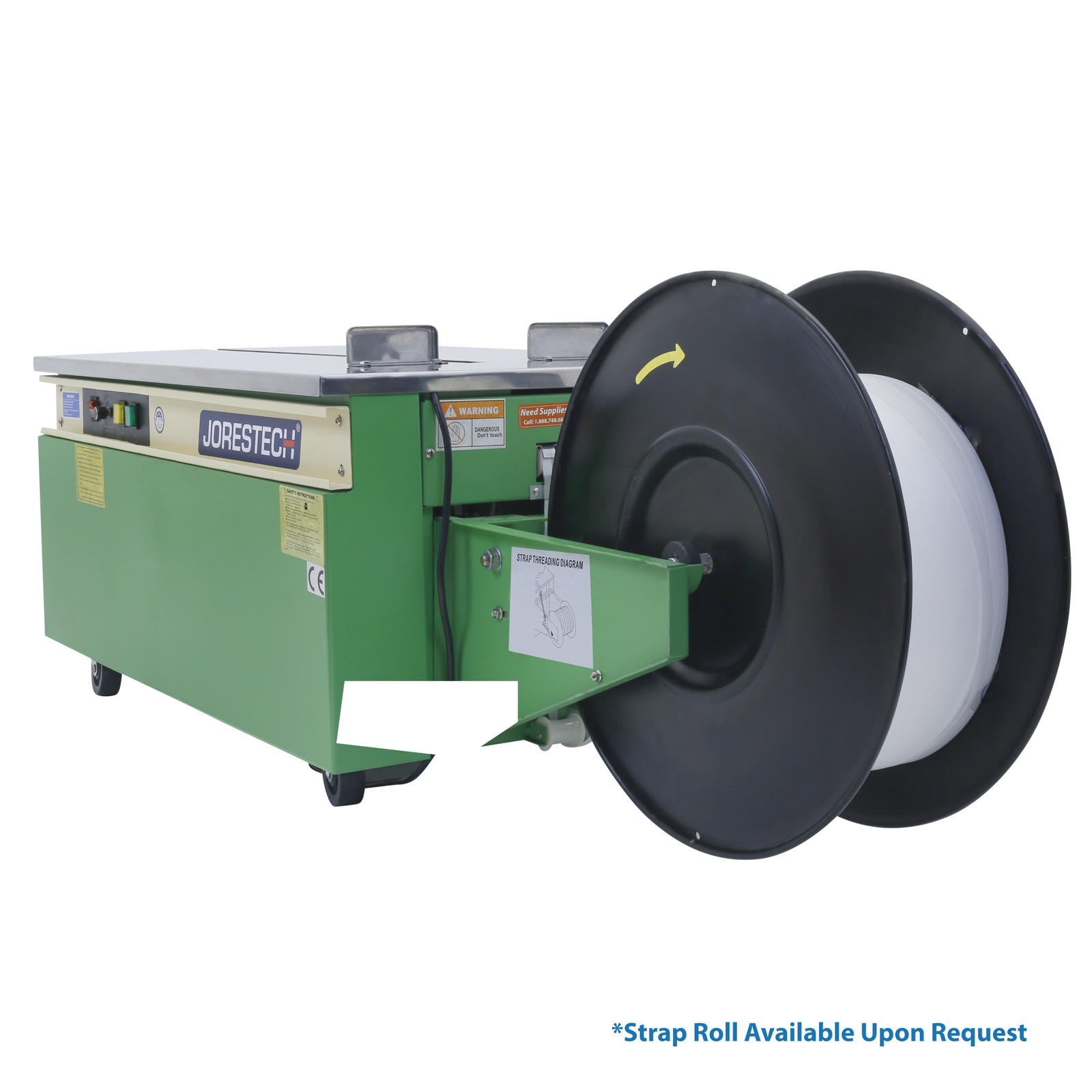 Diagonal view of a green JORES TECHNOLOGIES® small strapping machine. Text reads Strap roll available upon request