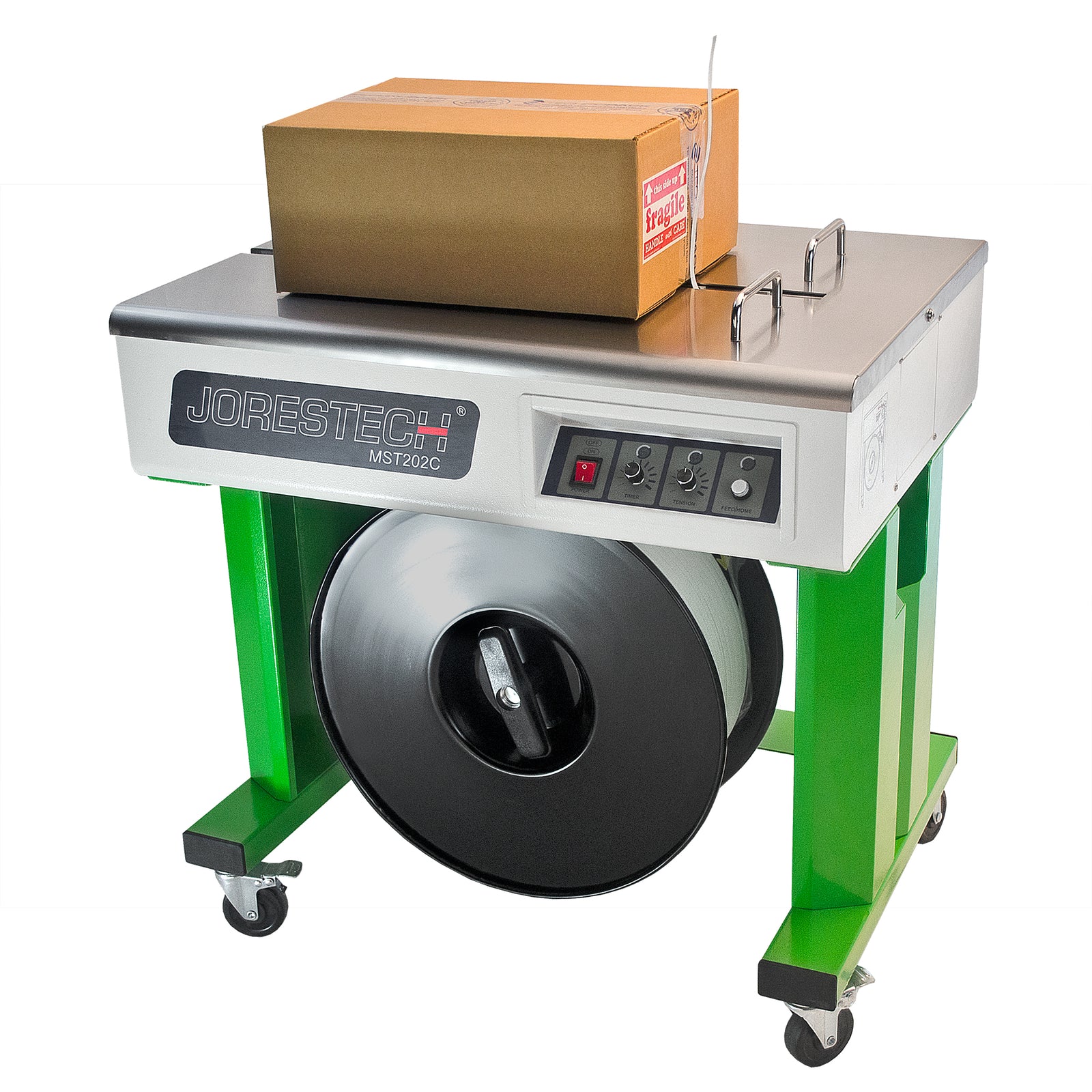 A JORES TECHNOLOGIES® semi automatic strapping machine ready to strap a card box located on the stainless steel strapping working area