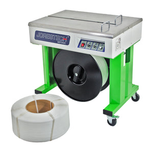 A Jorestech green and gray semi automatic open cabinet strapping machine with a large roll of white poly strap installed