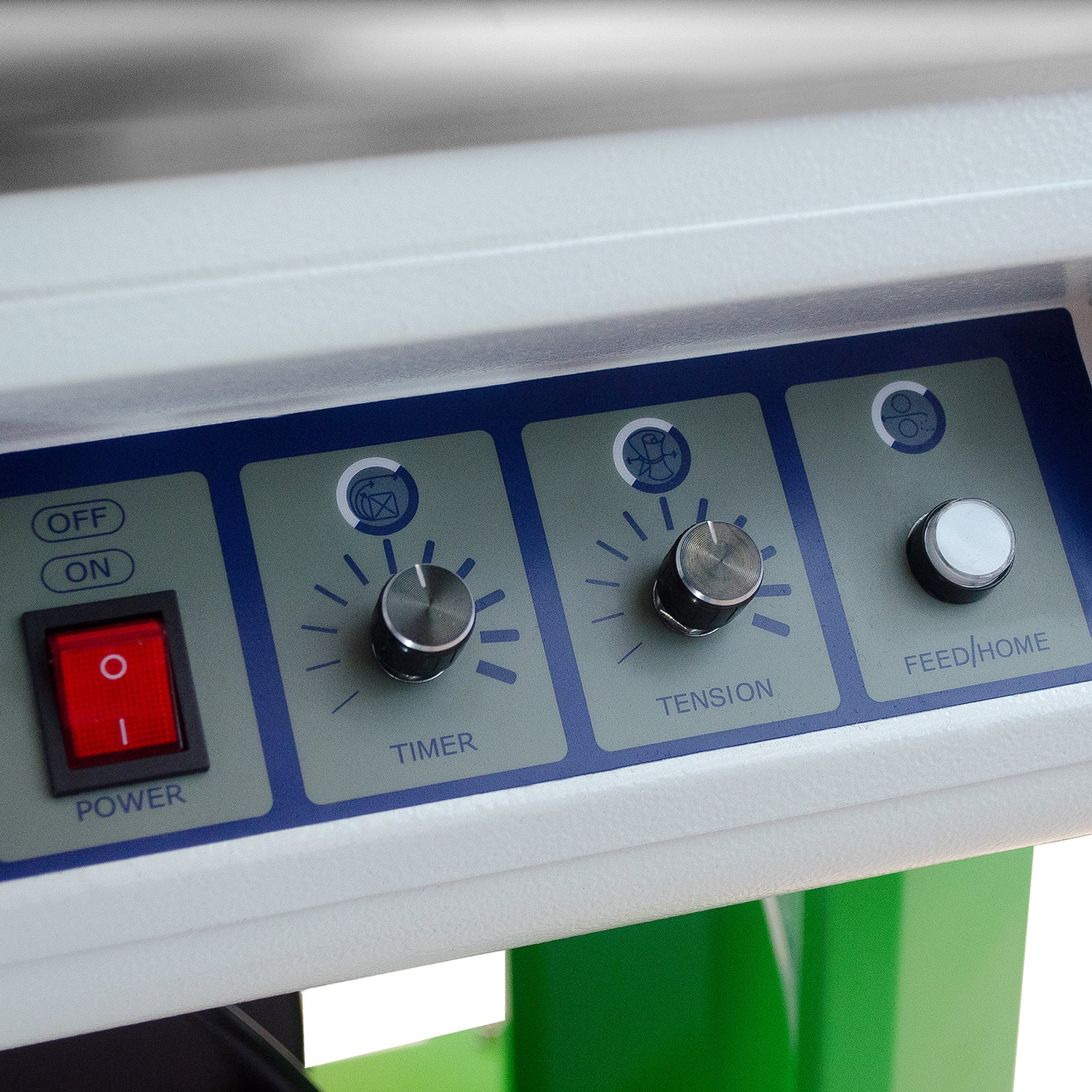 Close up of the control panel of the Jorestech Semiautomatic open cabinet strapping machine
