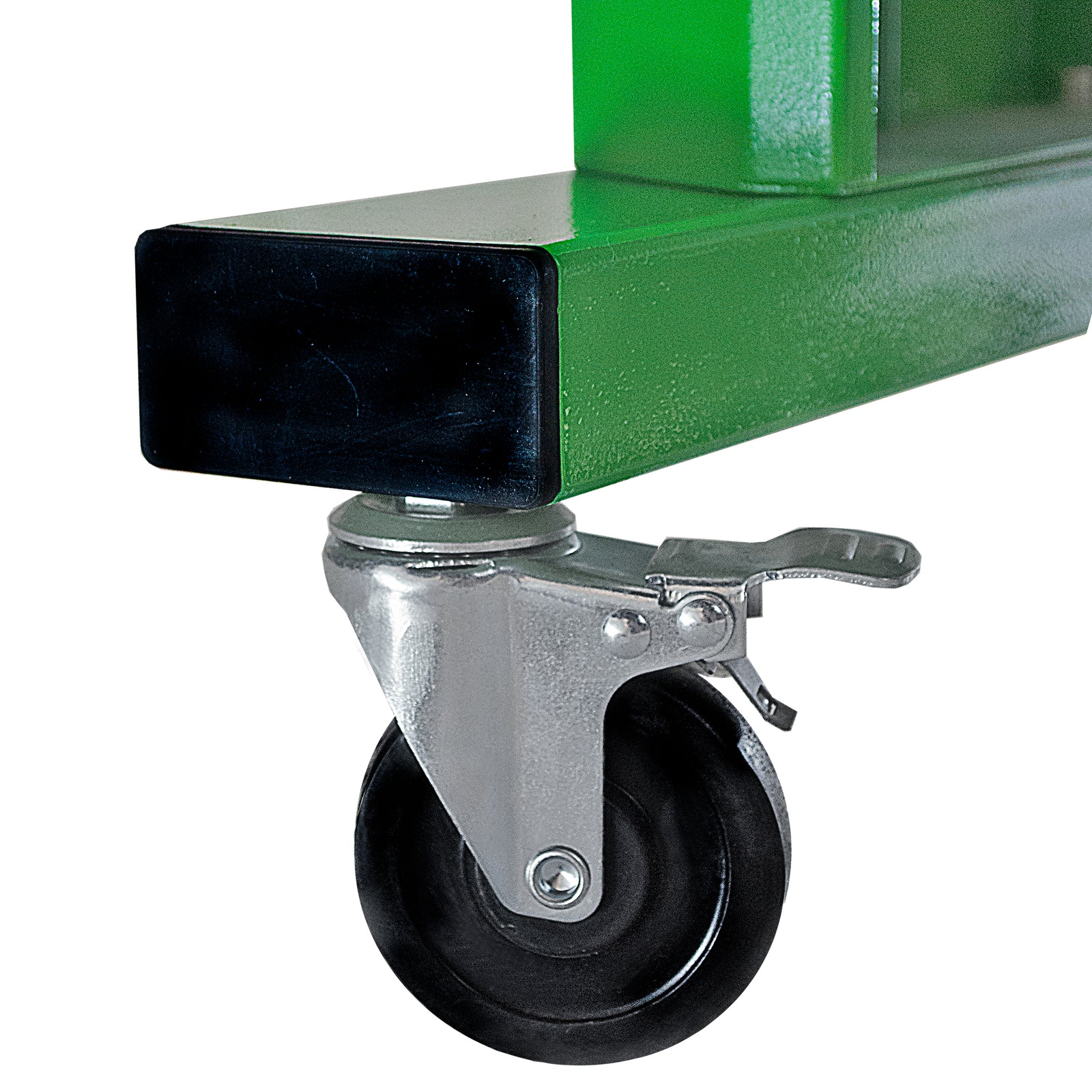 Close up of the wheels of the JORES TECHNOLOGIES® semiautomatic open cabinet strapping machine