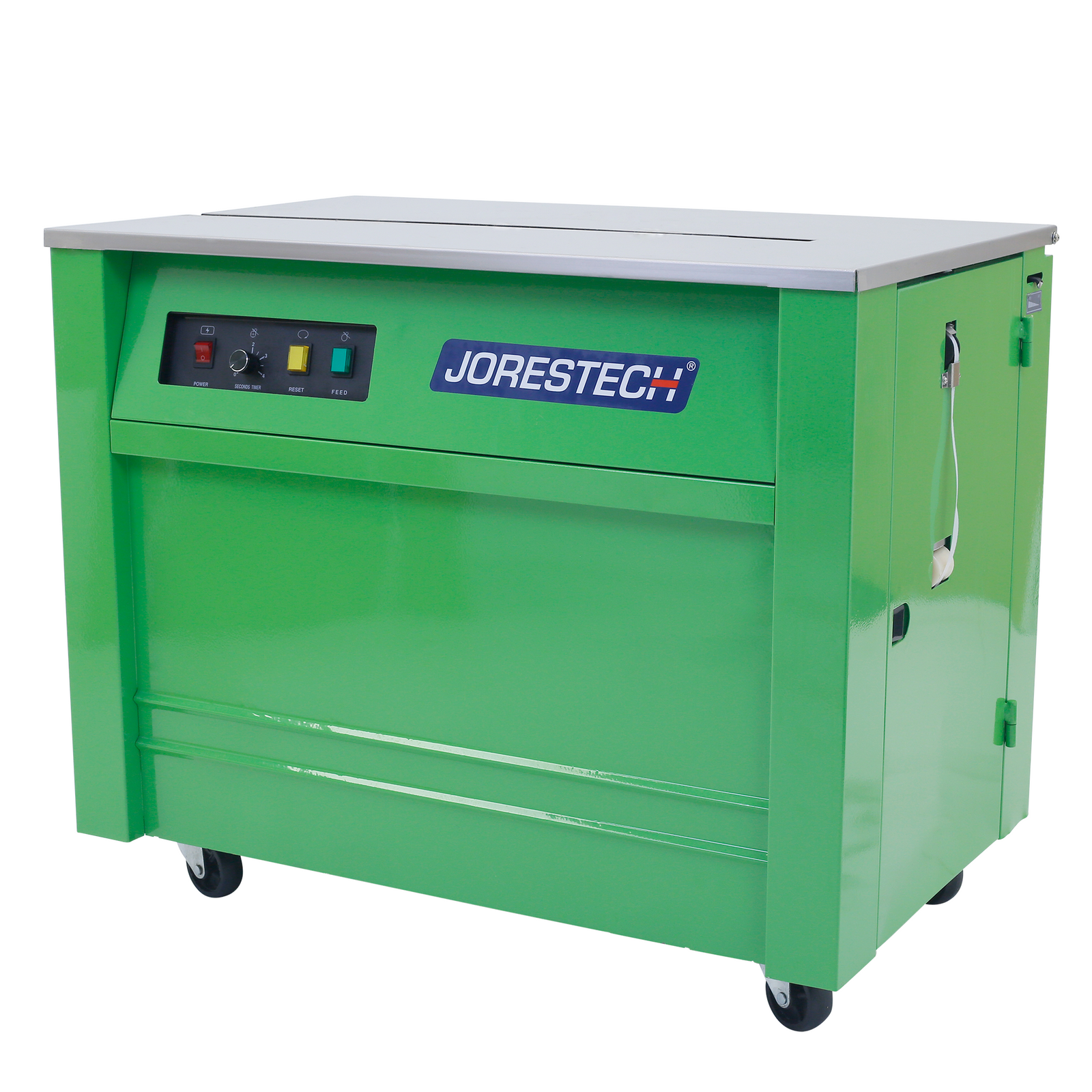 Diagonal view of a green JORES TECHNOLOGIES® semi automatic poly strapping machine with wheels