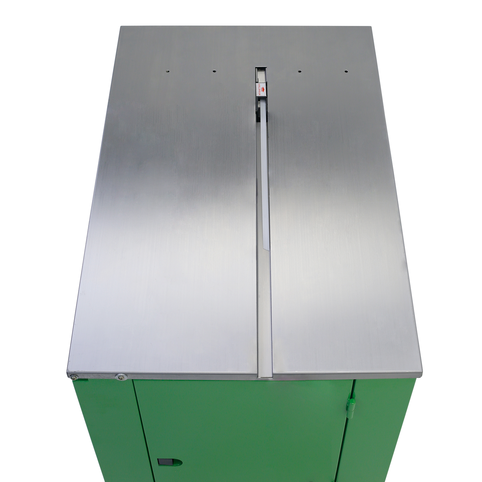 Top view showing the stainless steel working area and the track from where the strap is supplied