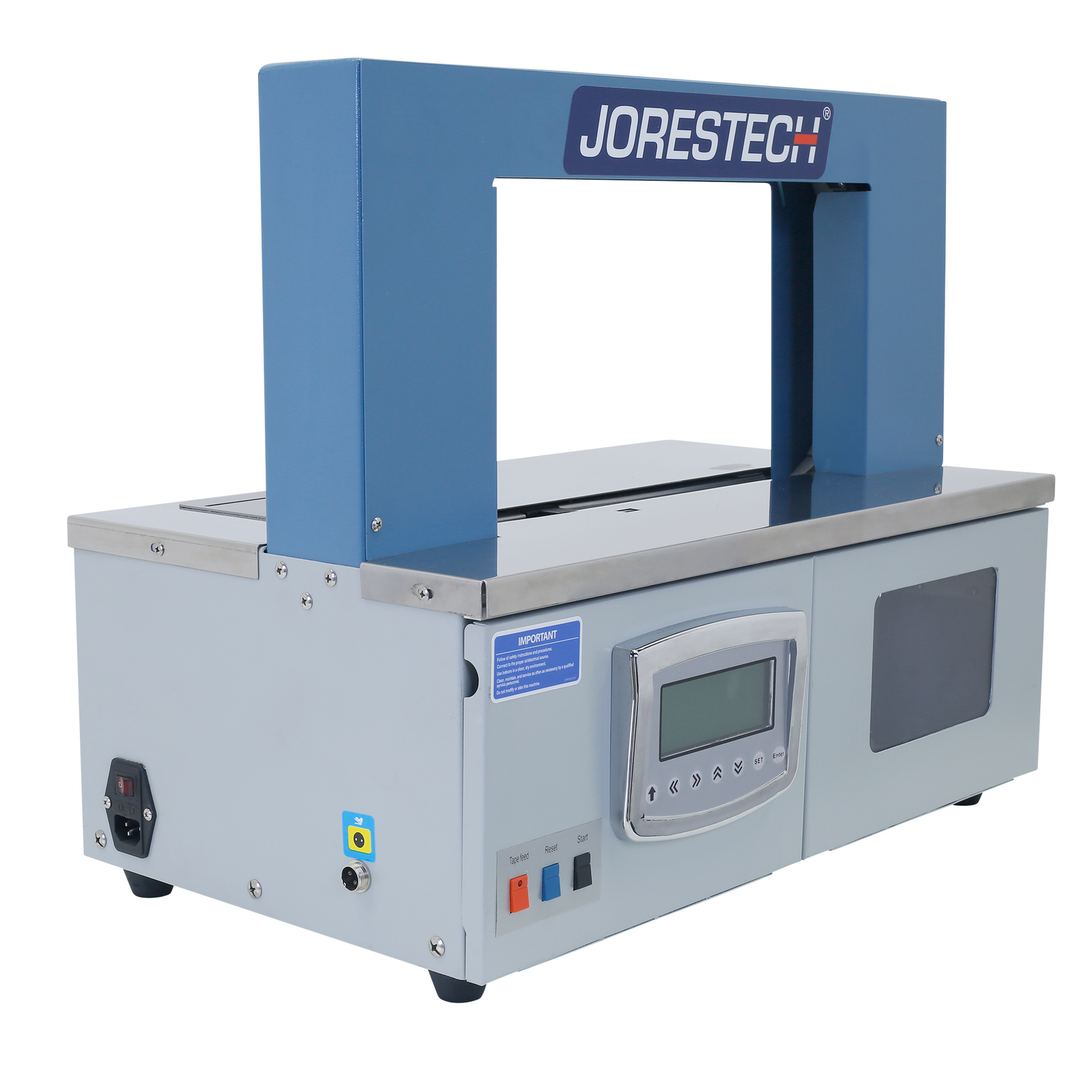 Diagonal view of a grey and blue JORES TECHNOLOGIES® ® Tabletop banding machine for paper and plastic bands over a white background.