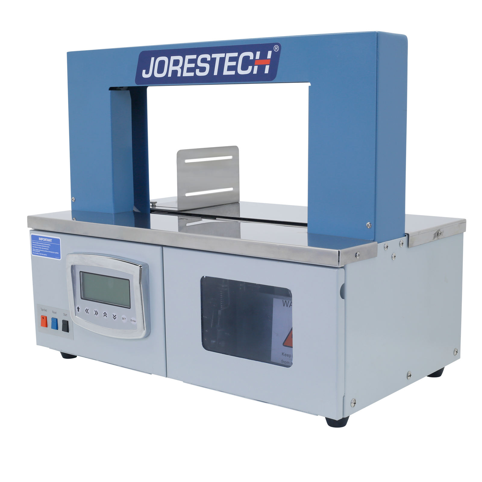 Diagonal view of a grey and blue JORES TECHNOLOGIES® ® Tabletop banding machine for paper and plastic bands. 