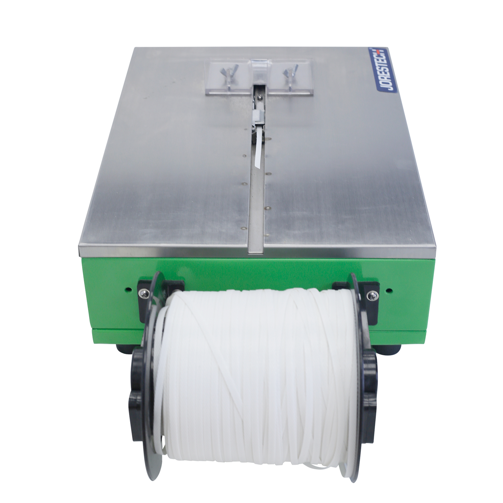 Top view of the JORES TECHNOLOGIES® Tabletop strapper machine shows the machine's stainless steel work table. Strapping roll is installed on the machine
