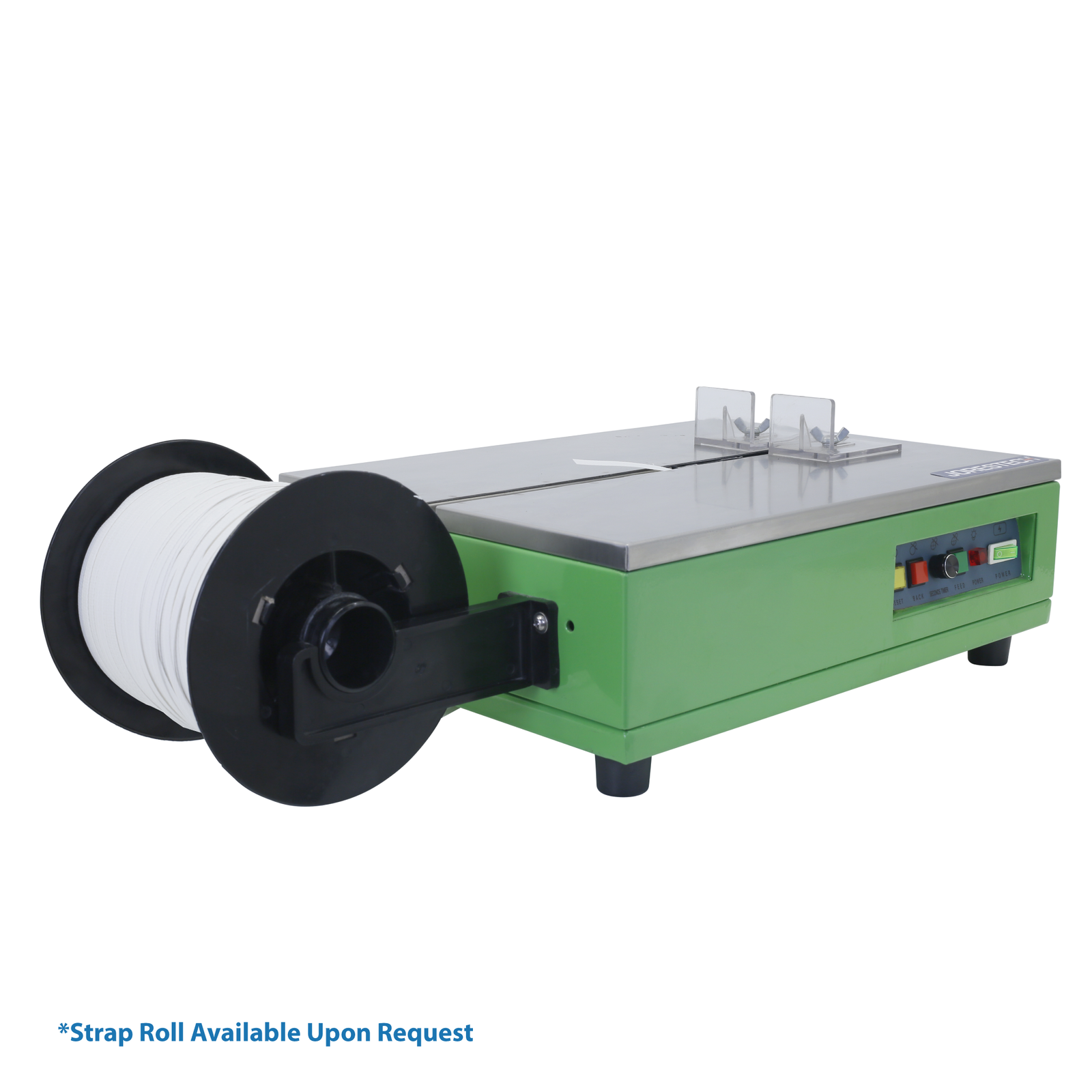 Diagonal view of a green JORES TECHNOLOGIES®  tabletop strapping machine. A strapping roll has been mounted on the machine and a small text in blue letters on the lower left corner says strap roll available upon request