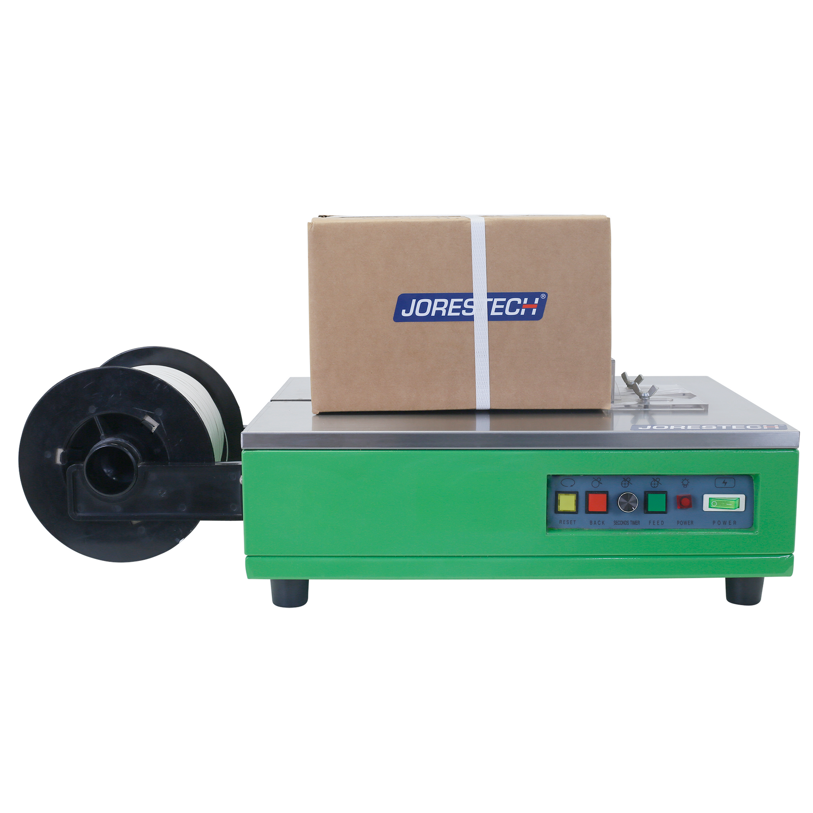 Side of a green JORESTECH tabletop strapping machine with a small brown cardboard box that has been strapped with white poly banding