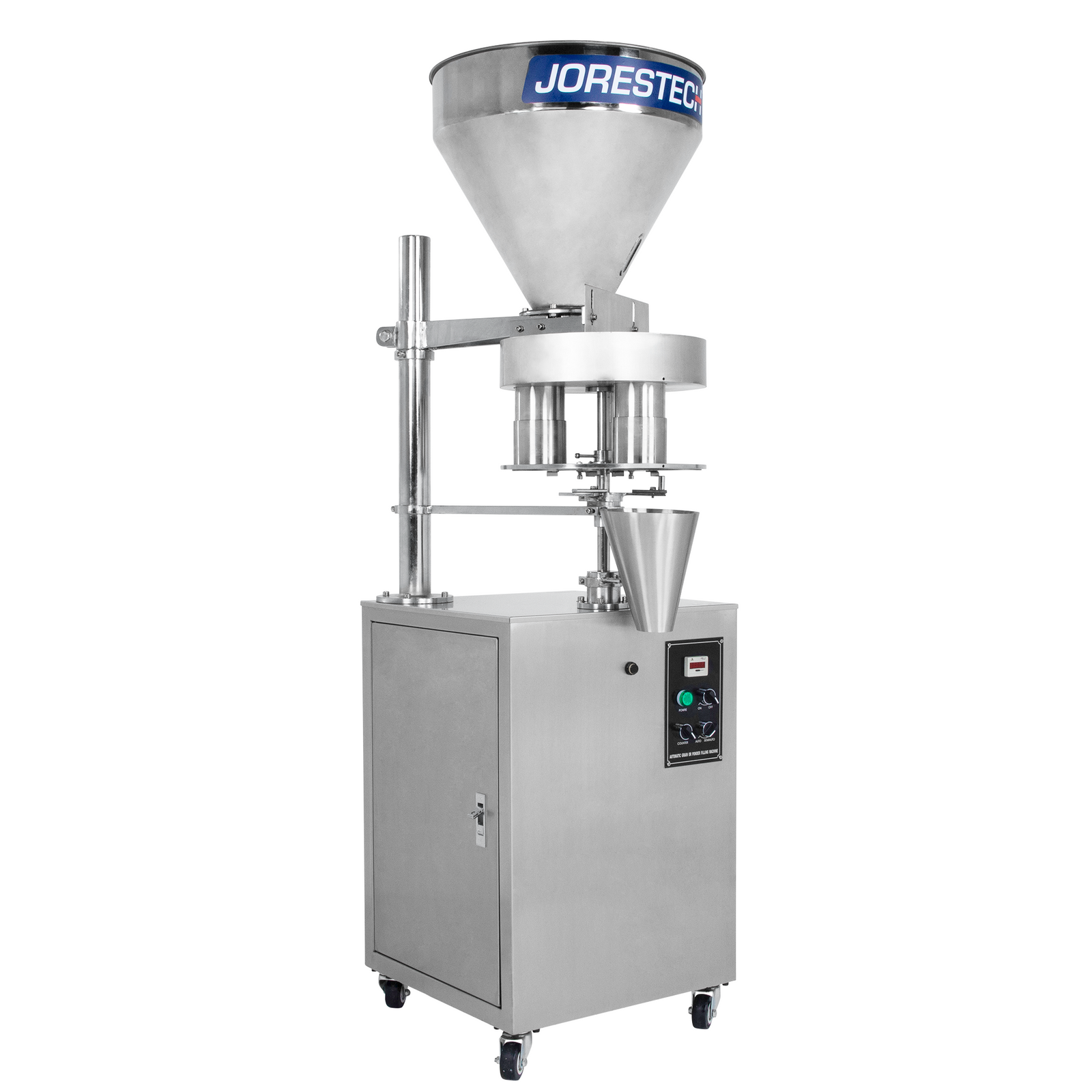 The stainless steel JORES TECHNOLOGIES® semi automatic volumetric filler for free-flowing granular products in a diagonal view over
