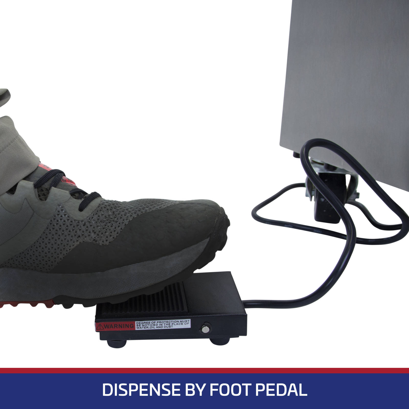 Foot pedal of the semi automatic volumetric filler being pressed by someone. Text reads 