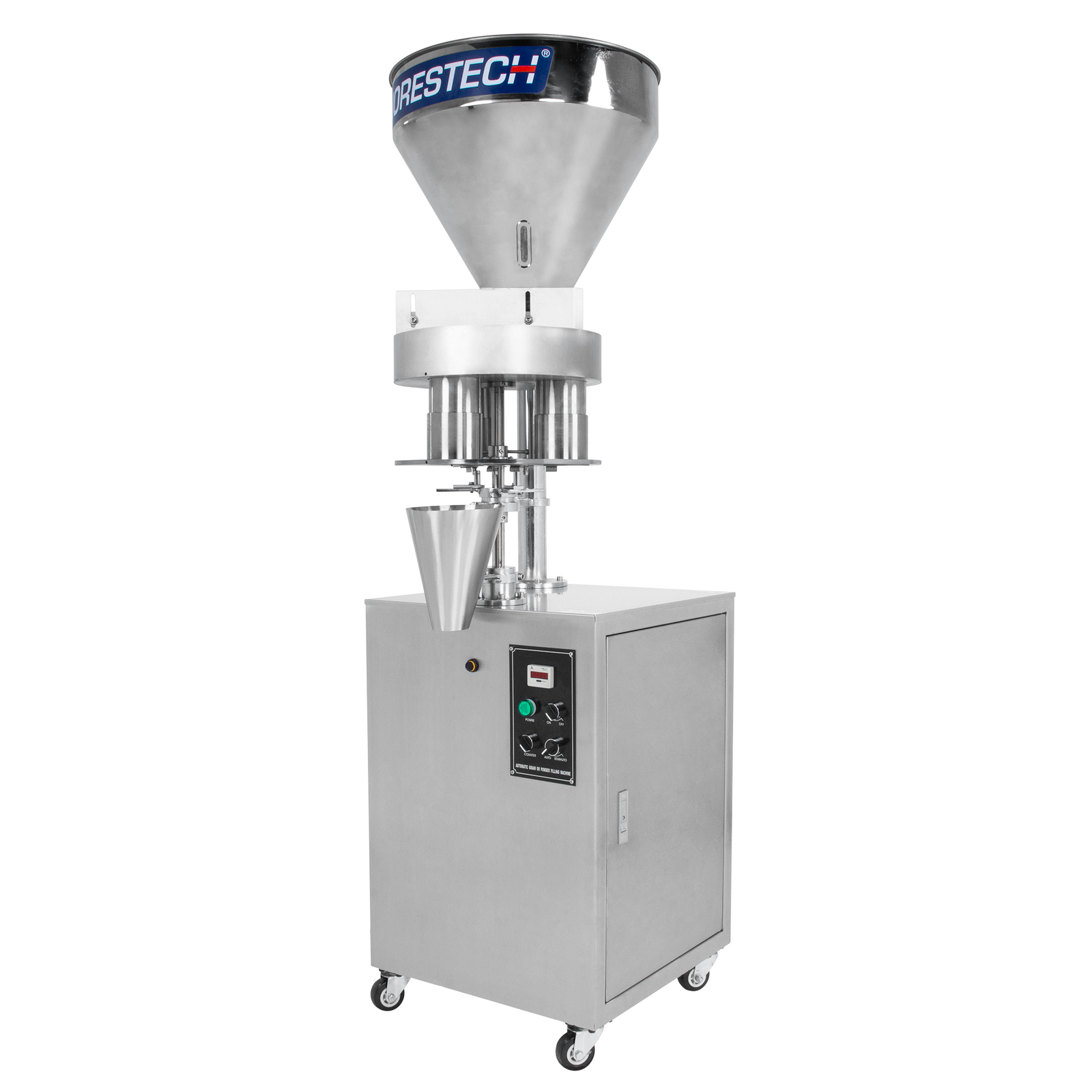 Stainless steel JORES TECHNOLOGIES® semi automatic volumetric filler for free-flowing granular products in a diagonal view