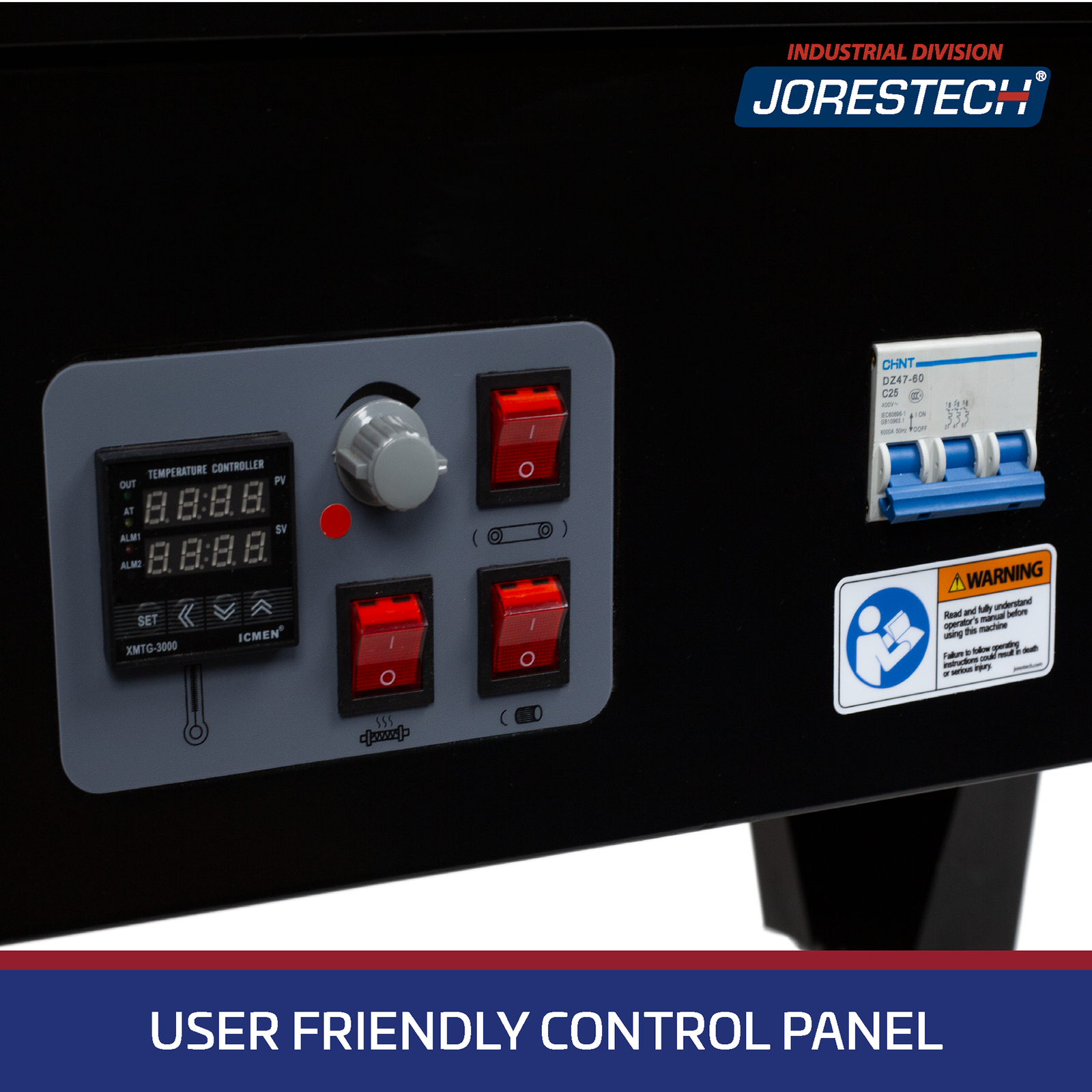 Close-up of the control panel of the heat wrapping shrink tunnel. There’s white text over blue background that reads “User Friendly Control Panel” 