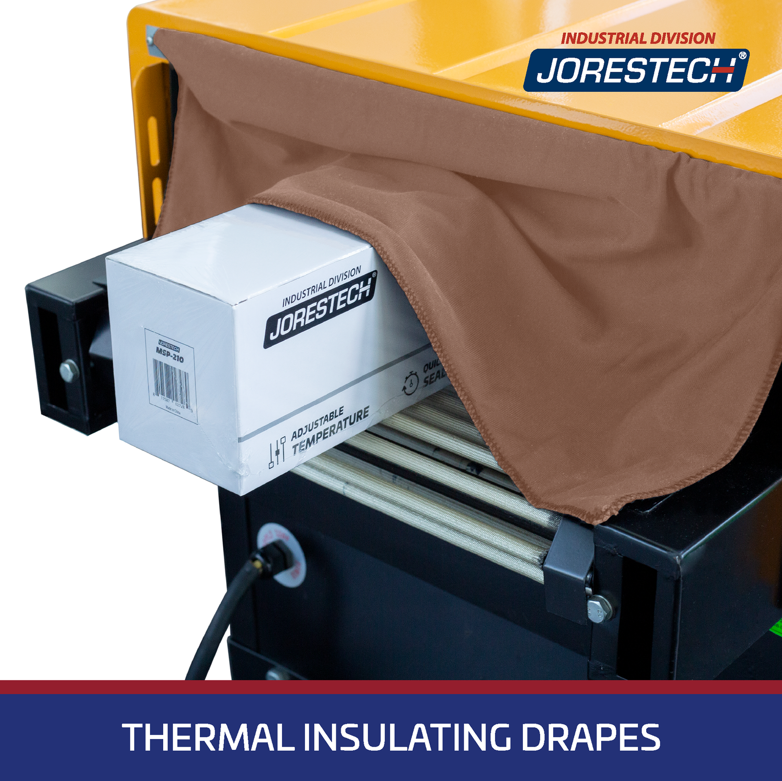 Close-up of the tunnel exit showing the white box coming out of the tunnel after the heat shrink process has been completed. There’s a white text over blue background that reads “thermal insulating drapes”