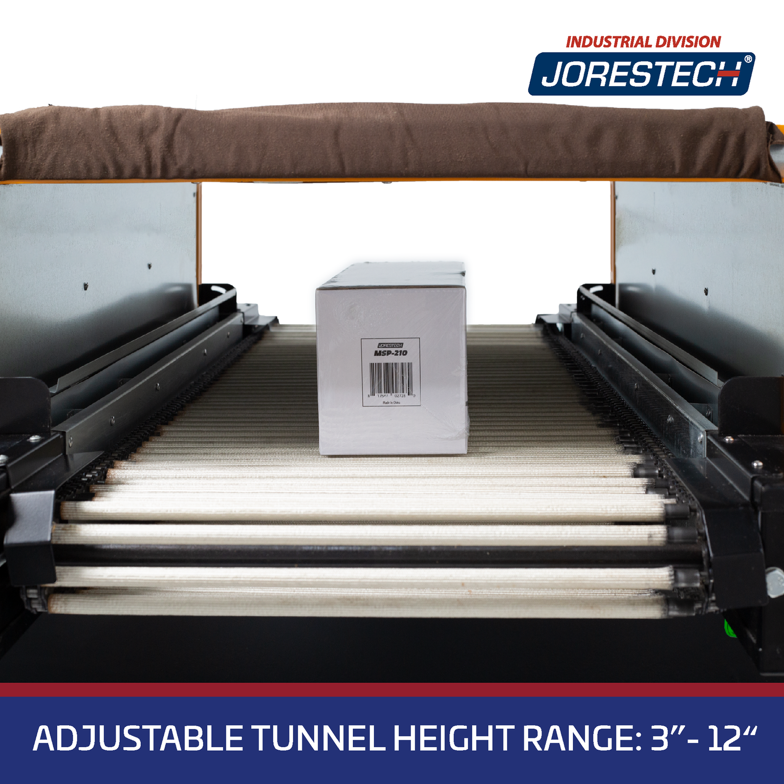 The interior of the tunnel showing a white box inside the heat chamber. Text over blue background reads “Adjustable Tunnel Height Range of 3”-12””