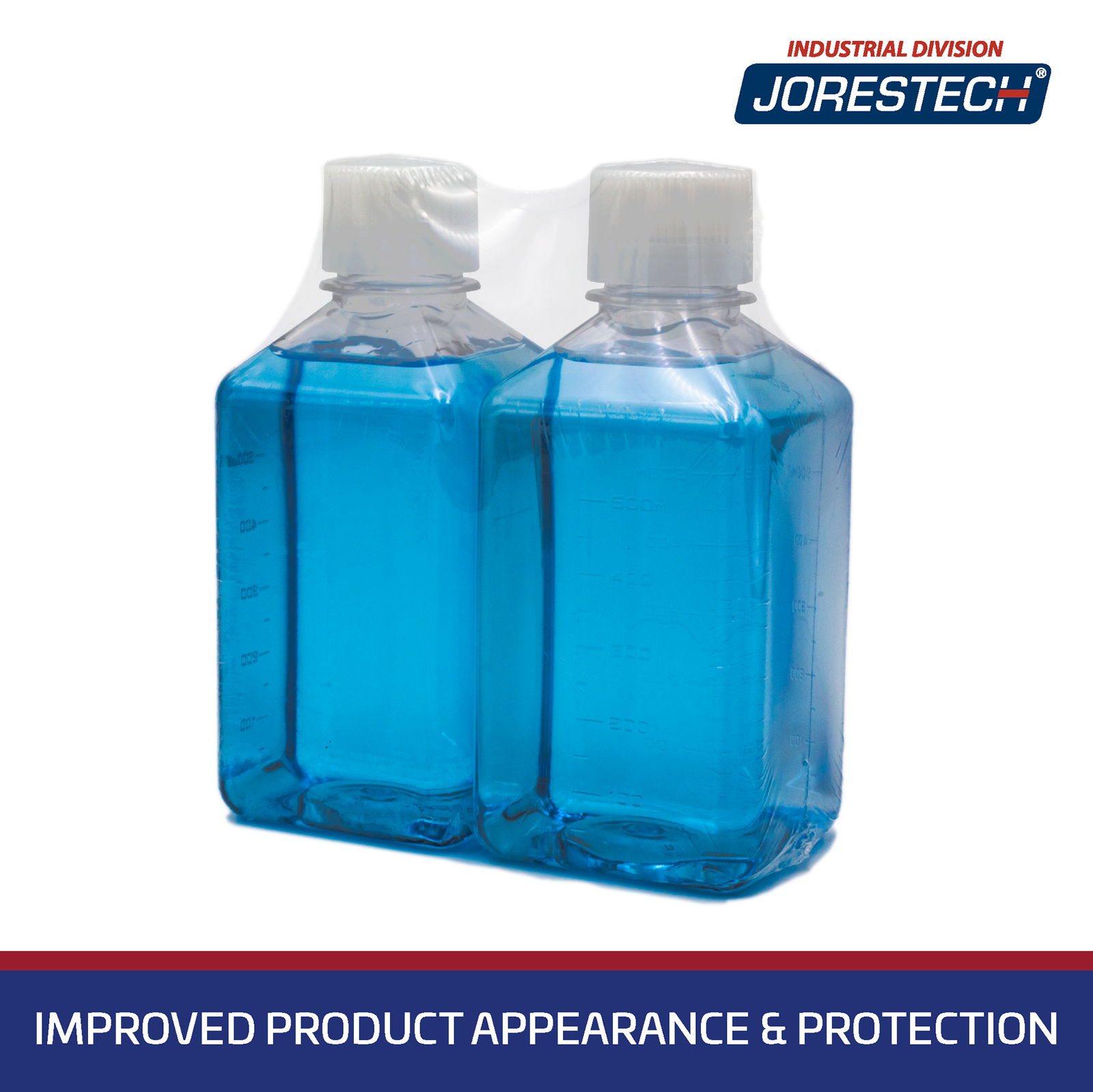 A pair of medium plastic containers filled with soap that have been bundled together with shrink film using the shrink wrapping heat tunnel with mesh conveyor. Text over blue background reads “Improved product appearance and protection”