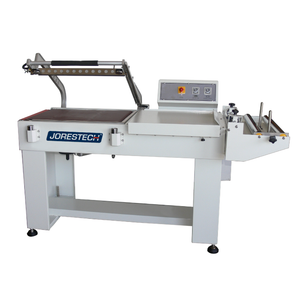 JORES TECHNOLOGIES® semi-automatic L bar heat sealer machine for shrink packaging over a white background.
