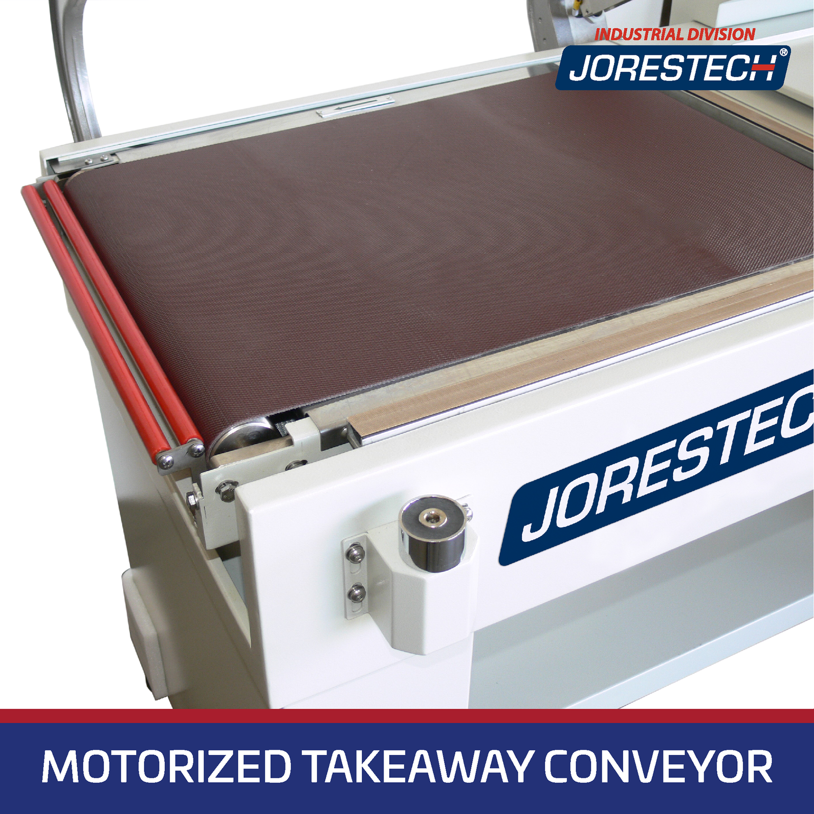 Closeup showing the motorized take away conveyor of the JORES TECHNOLOGIES® L bar sealer.