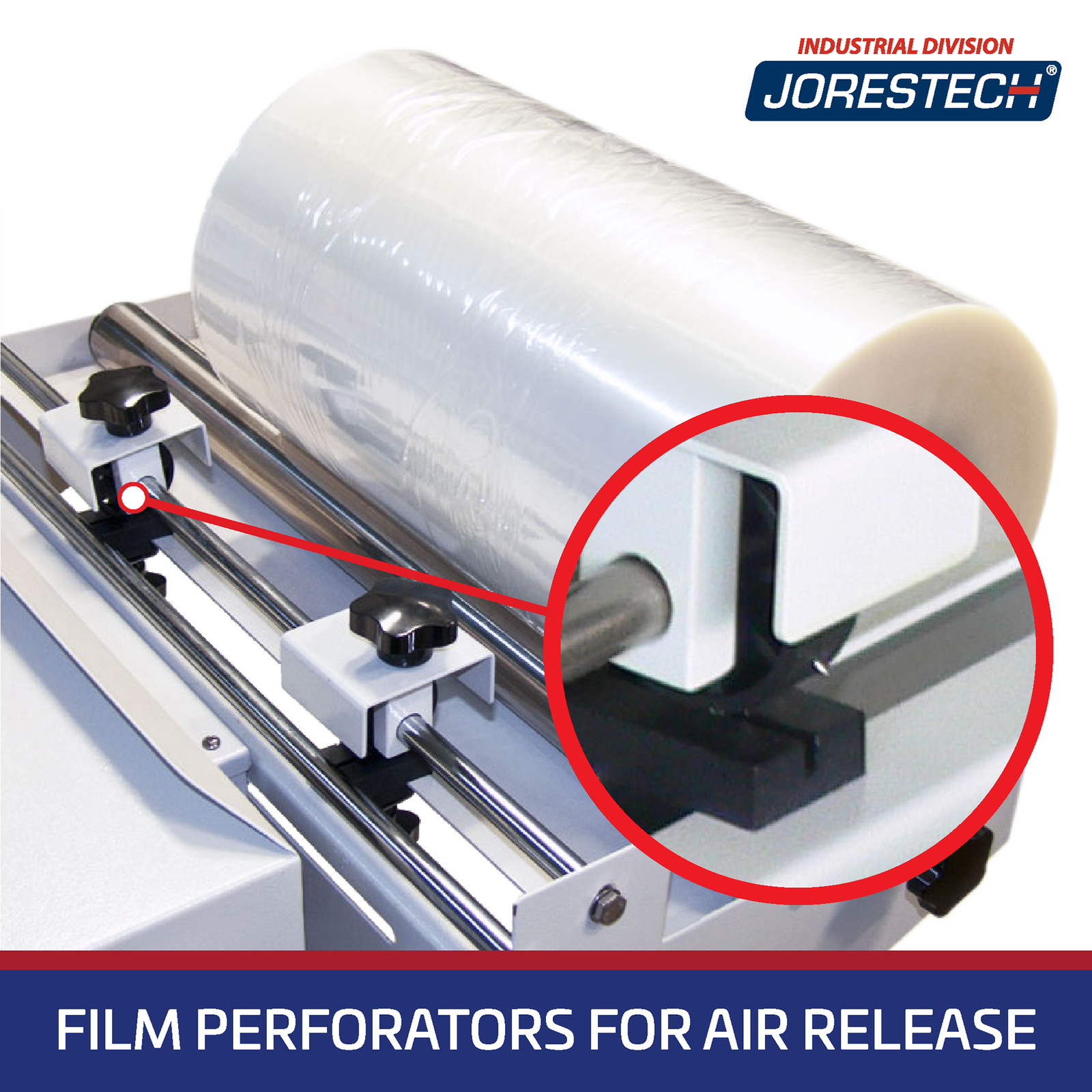 Shows the shrink film roll positioned over the JORES TECHNOLOGIES® Shrink L bar sealer dispenser and a closeup of the film perforators. Banner reads: film perforators for air release