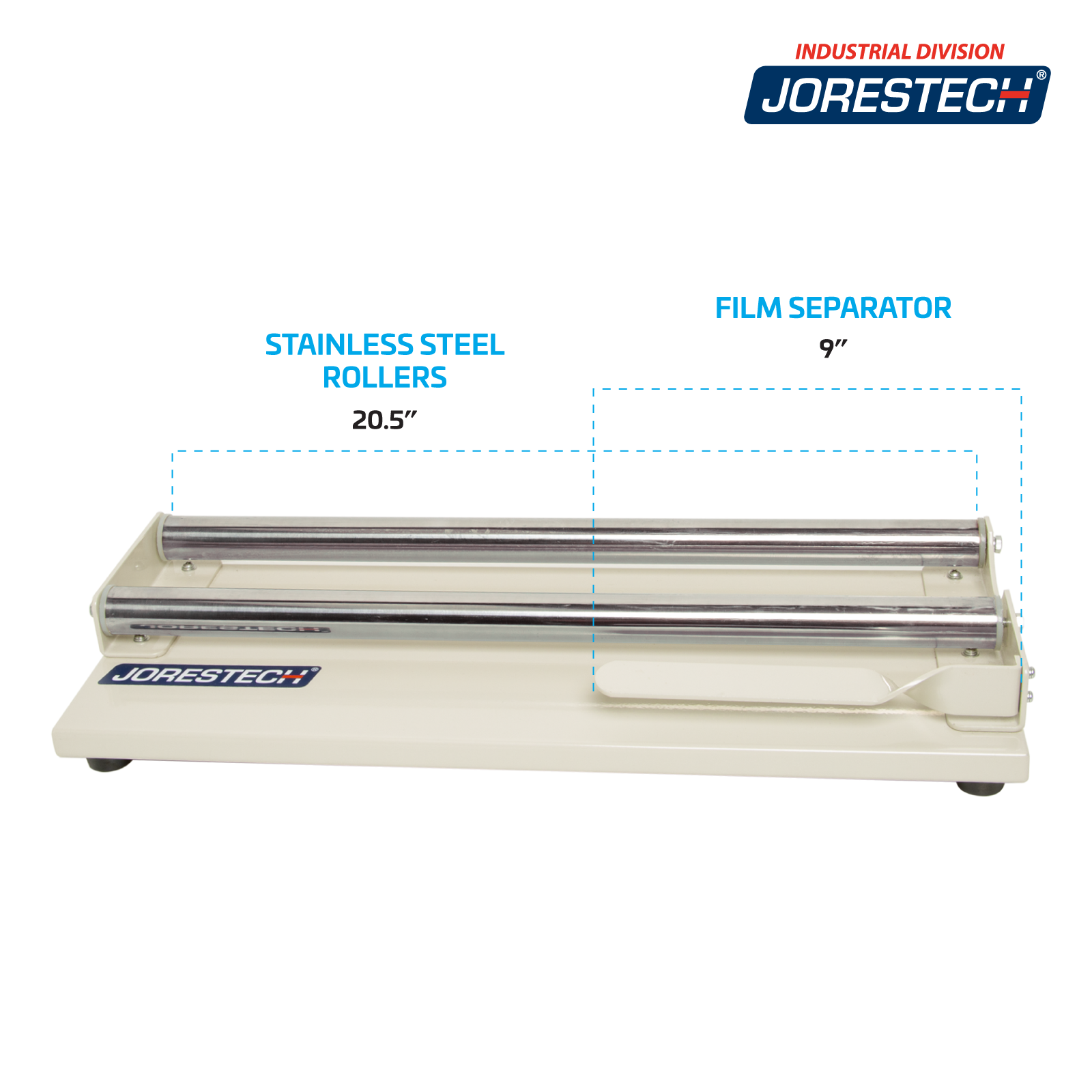 JORES TECHNOLOGIES® plastic shrink roll dispenser showing measurements of stainless steel rollers (20.5