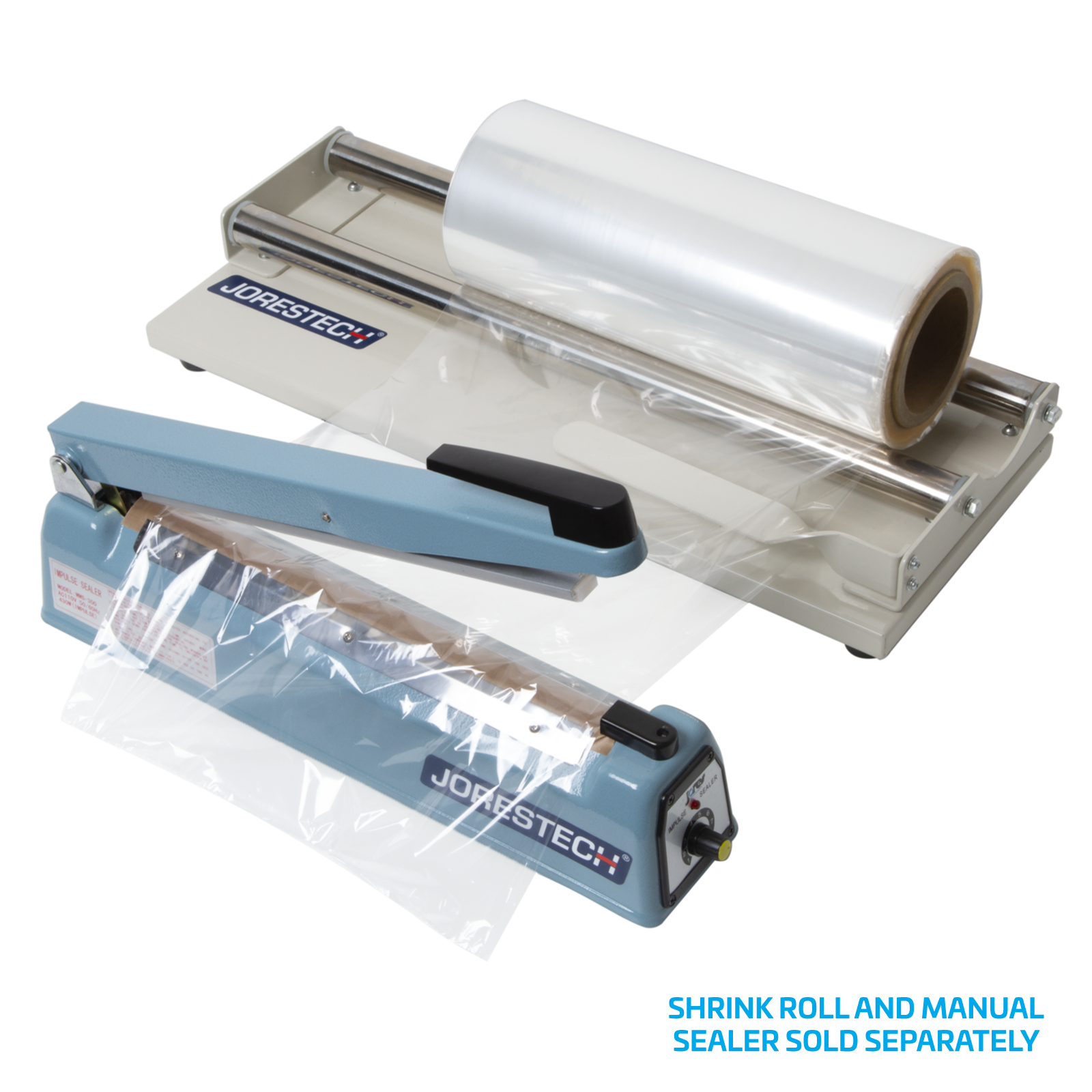 The plastic roll dispenser with a shrink roll on top and a manual impulse sealer ready to seal the plastic. Shrink roll and manual sealer sold separately