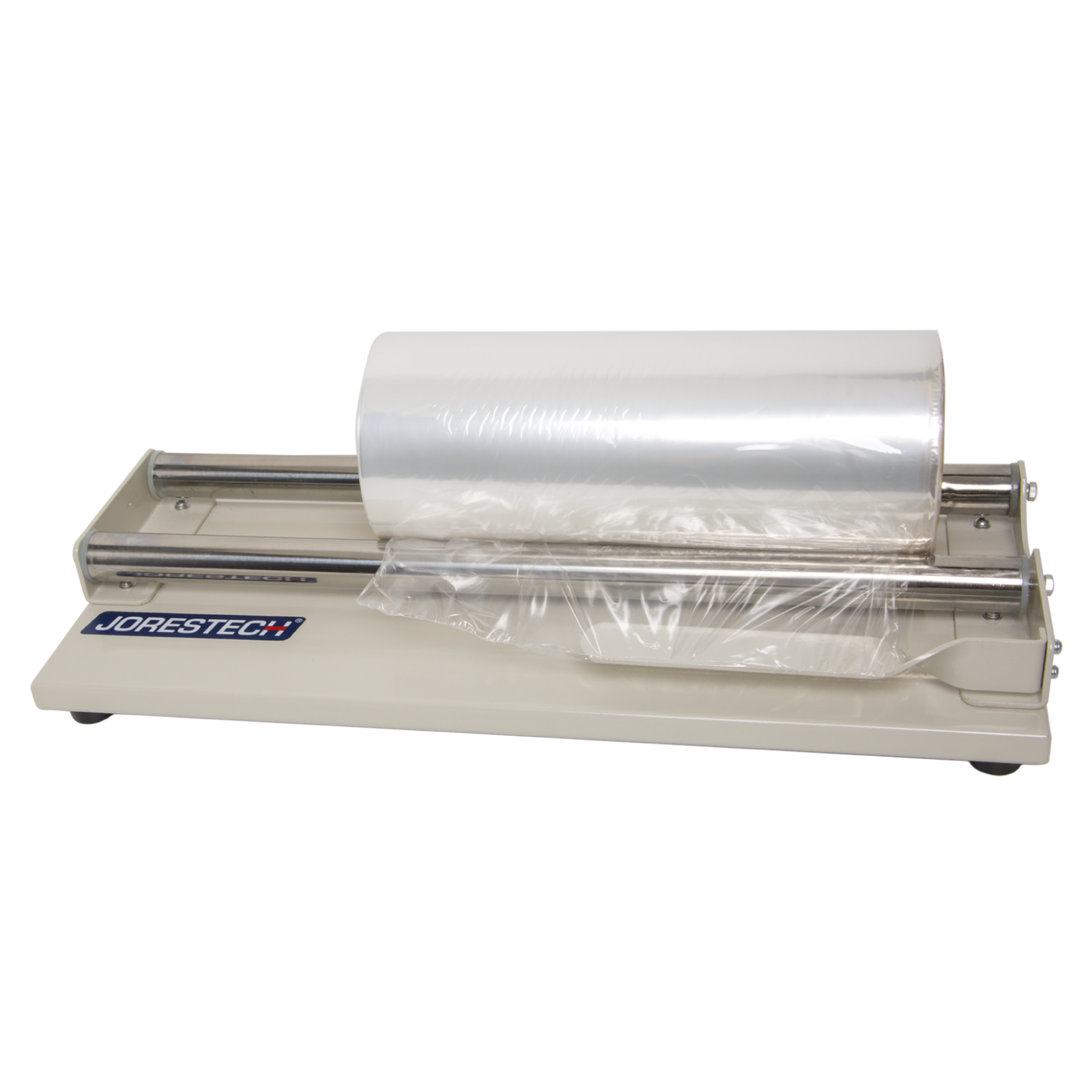 Plastic shrink wrap roll dispenser with a shrink roll placed ready to be used.