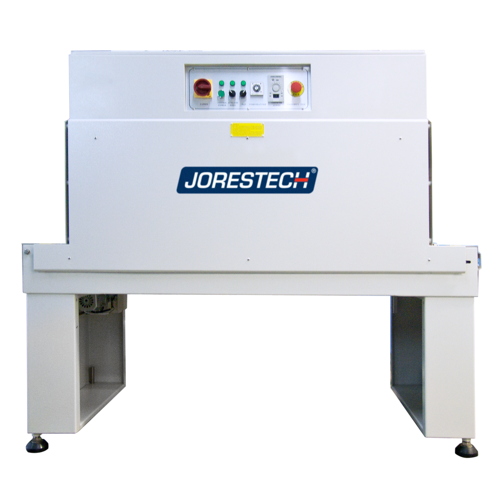 A JORESTECH shrink wrapping heat tunnel machine powder coated in light gray color paint