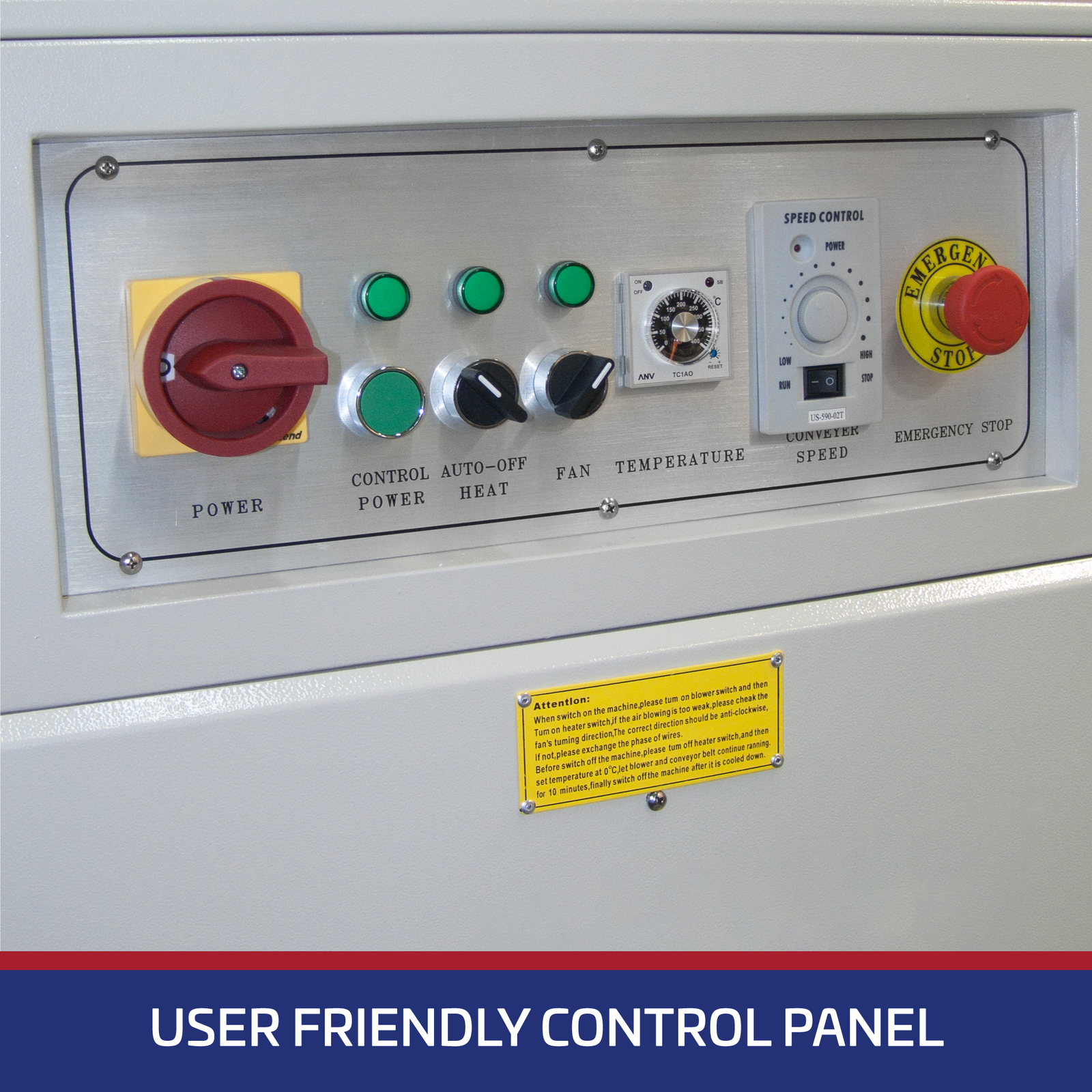 Close-up of the control panel of the heat wrapping shrink tunnel. There’s white text over blue background that reads “User Friendly Control Panel” 