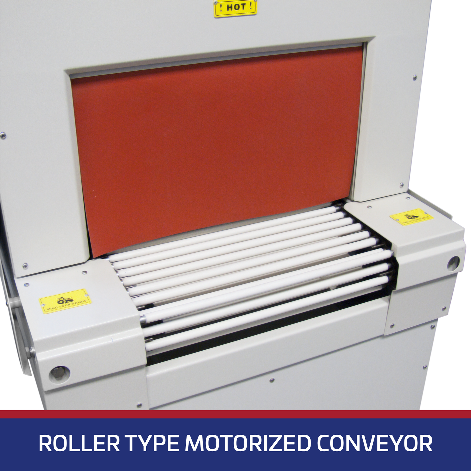 Close-up of the tunnel entrance showing the white roller conveyor and the heat tunnel curtain. There’s white text over blue banner that reads “roller type motorized conveyor”