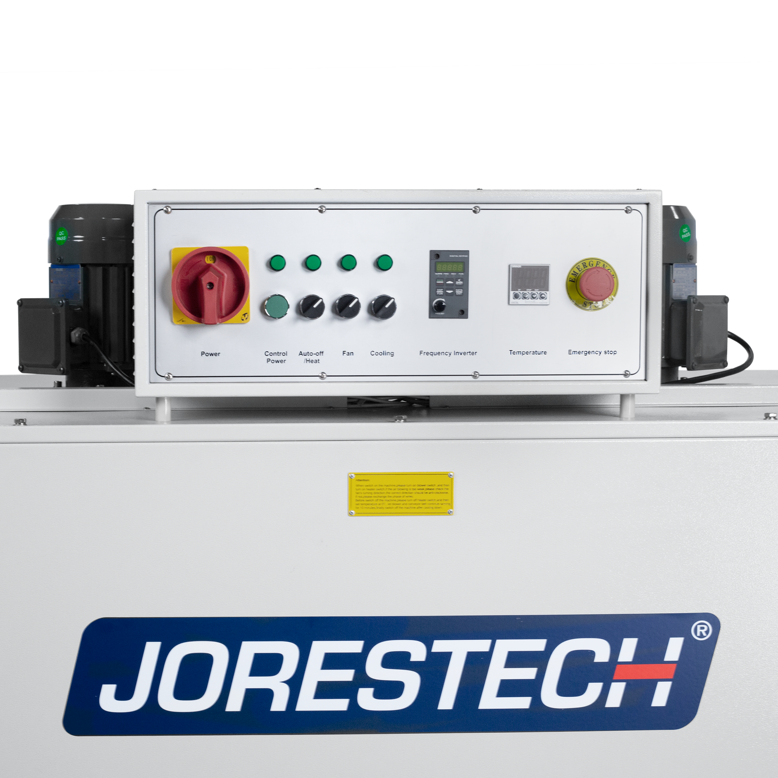 Close-up of the control panel of a heat wrapping shrink tunnel. also shows the 2 motors for the heat fans located on the right and left sides of the control panel. A large blue and red JORESTECH sticker is also attached to the tunnel structure of the heat shrinking tunnel