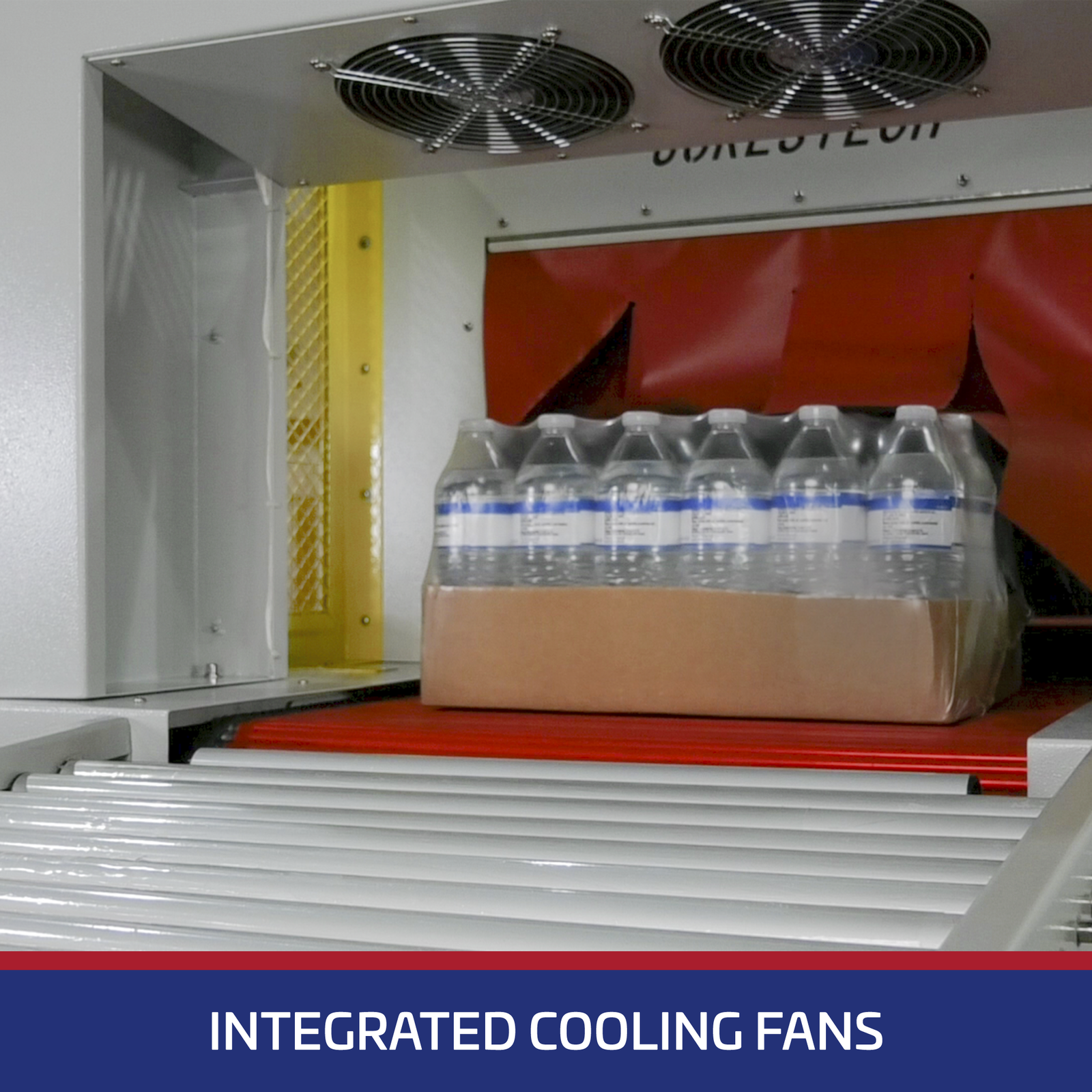 Close-up of a shrink packaged bundle of 18 water bottles exiting the shrink tunnel and sliding under the integrated cooling fans area of the machine. There is a blue banner with white text that reads 