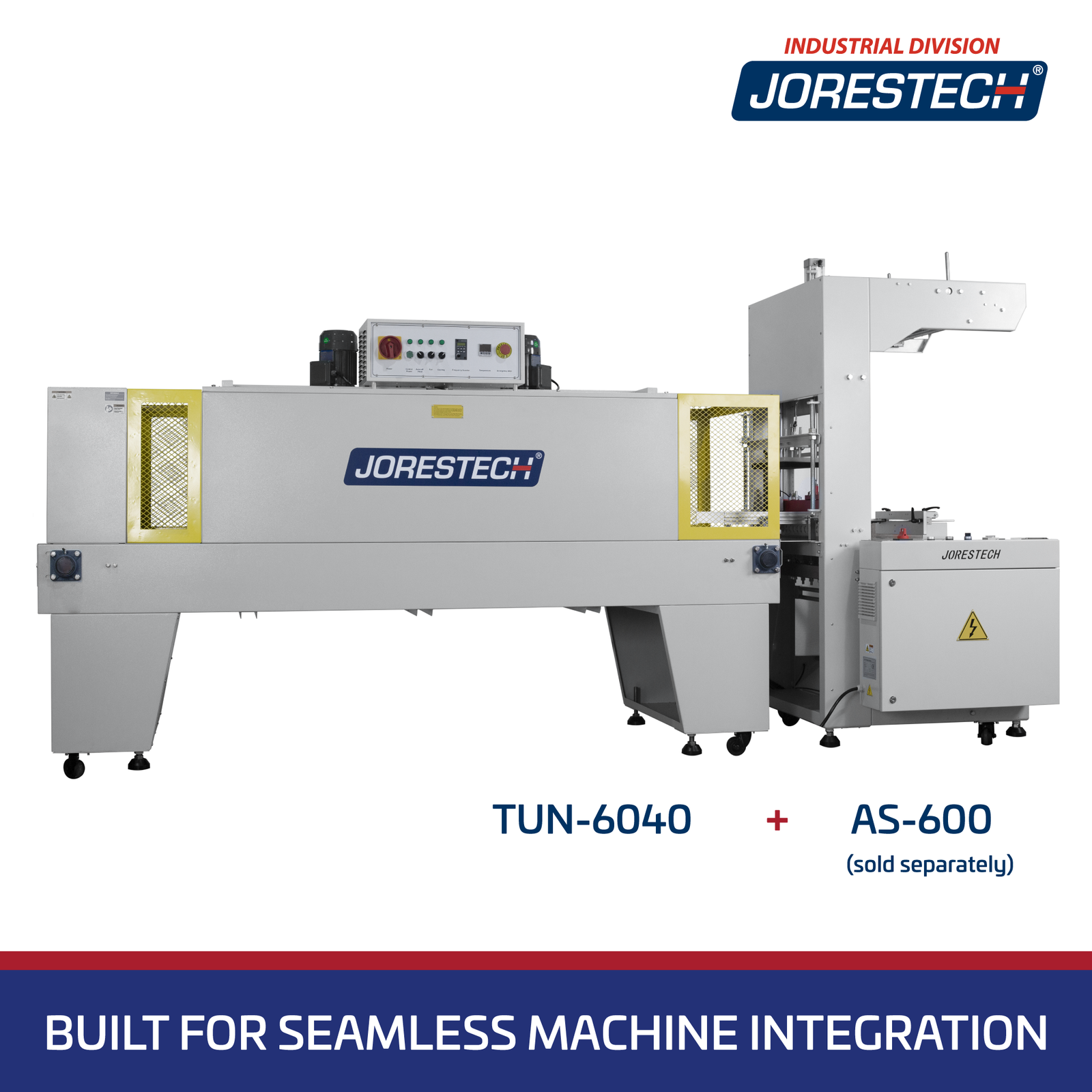 A complete shrink system. It is comprised of the Jorestech Heat Shrink Tunnel TUN-6040 plus the Jorestech Sleeve Sealer AS-600. White text over blue background that reads 